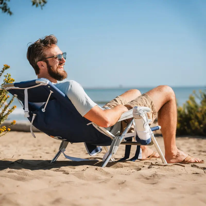 Sand-Friendly Backpack Beach Chair - Choice 709 - Low-Profile Reclining Beach Chair with Backpack Straps Detail