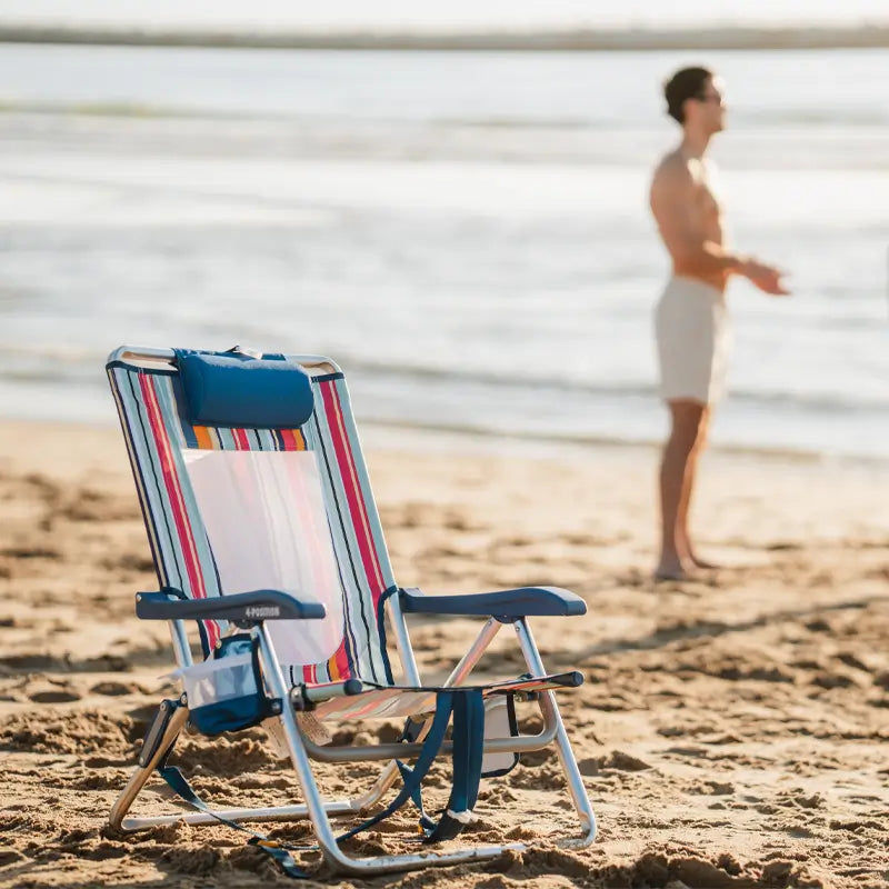 Sand-Friendly Backpack Beach Chair - Choice 709 - Low-Profile Reclining Beach Chair with Backpack Straps Detail