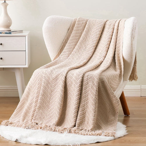 Decorative Knitted Beige Throw Blanket,Textured Knitted Tan Throws with Tassels,Neutral Sofa Bed Throws,50"x60" - Cozy Fleece Throw Blanket for Couch & Bed - Default Title