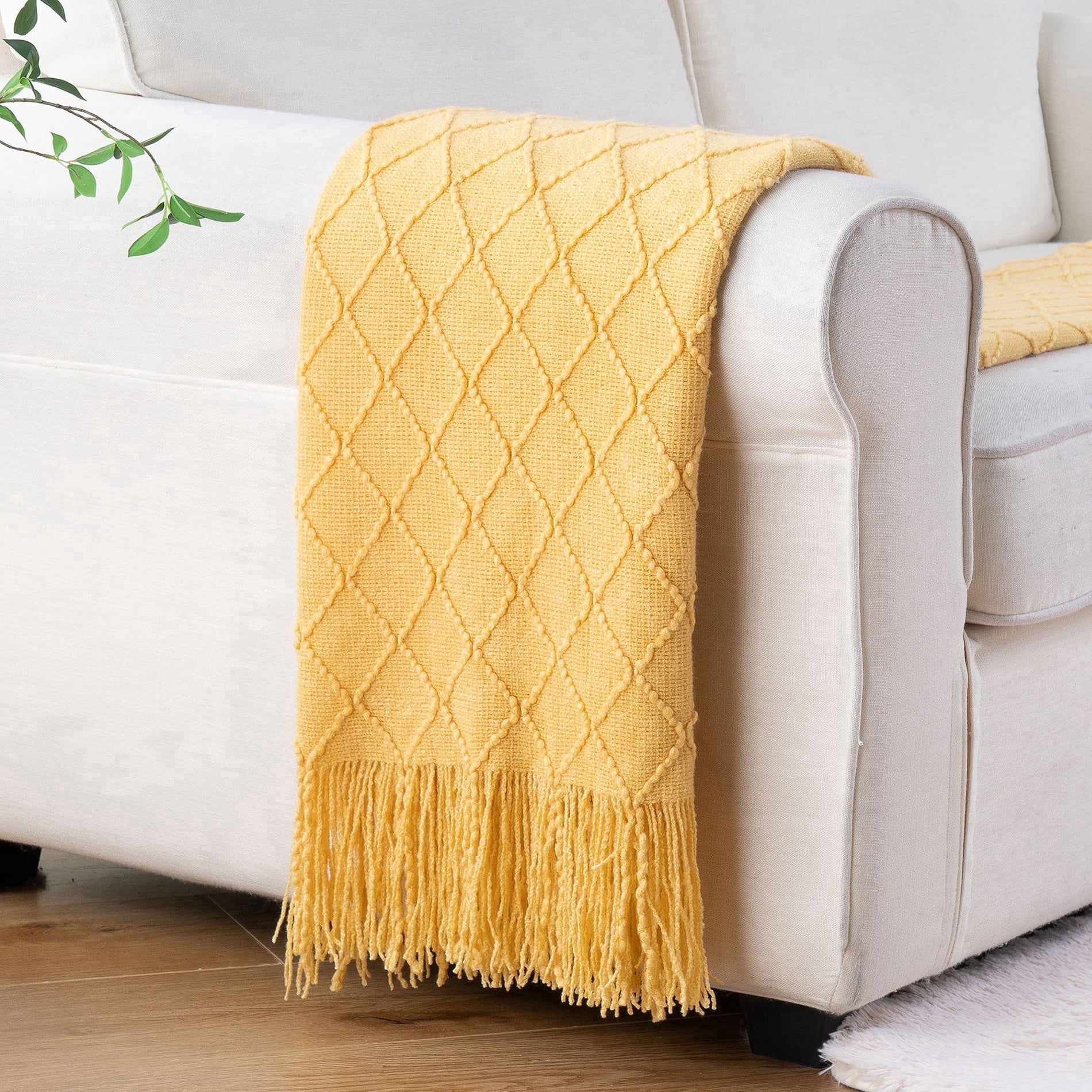 Super Soft Flannel Mustard Throw Blanket for Couch,Gold Yellow Knit Throw with Fringe,Outdoor Throw ,50"x60" - Luxury Knitted Decorative Throw Blanket with Fringes - Default Title