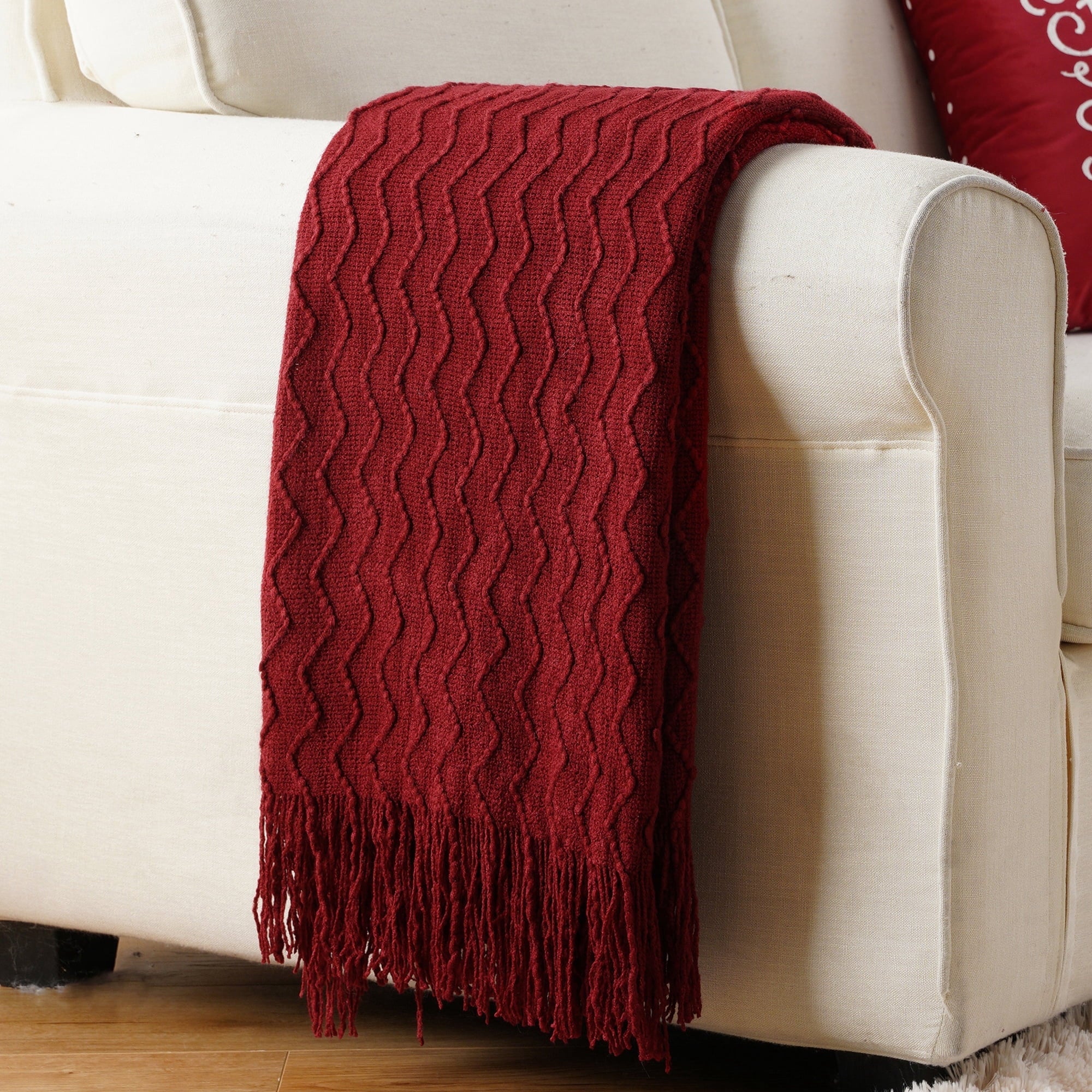 Reversible Sherpa Dark Red Blanket for Couch,Burgundy Knit Throw Blanket for Bedroom,Christmas Throw,50"x60" - Luxury Knitted Decorative Throw Blanket with Fringes - Default Title
