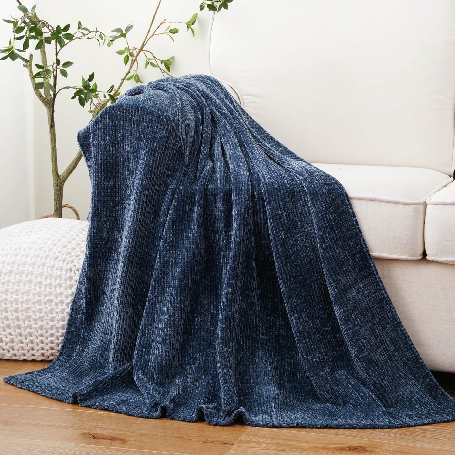 Decorative Knitted Navy Blue Chenille Throw for Couch Bed,Soft Navy Knit Blanket, Housewarming Gifts, 51"x 67" - Cozy Fleece Throw Blanket for Couch & Bed - Default Title