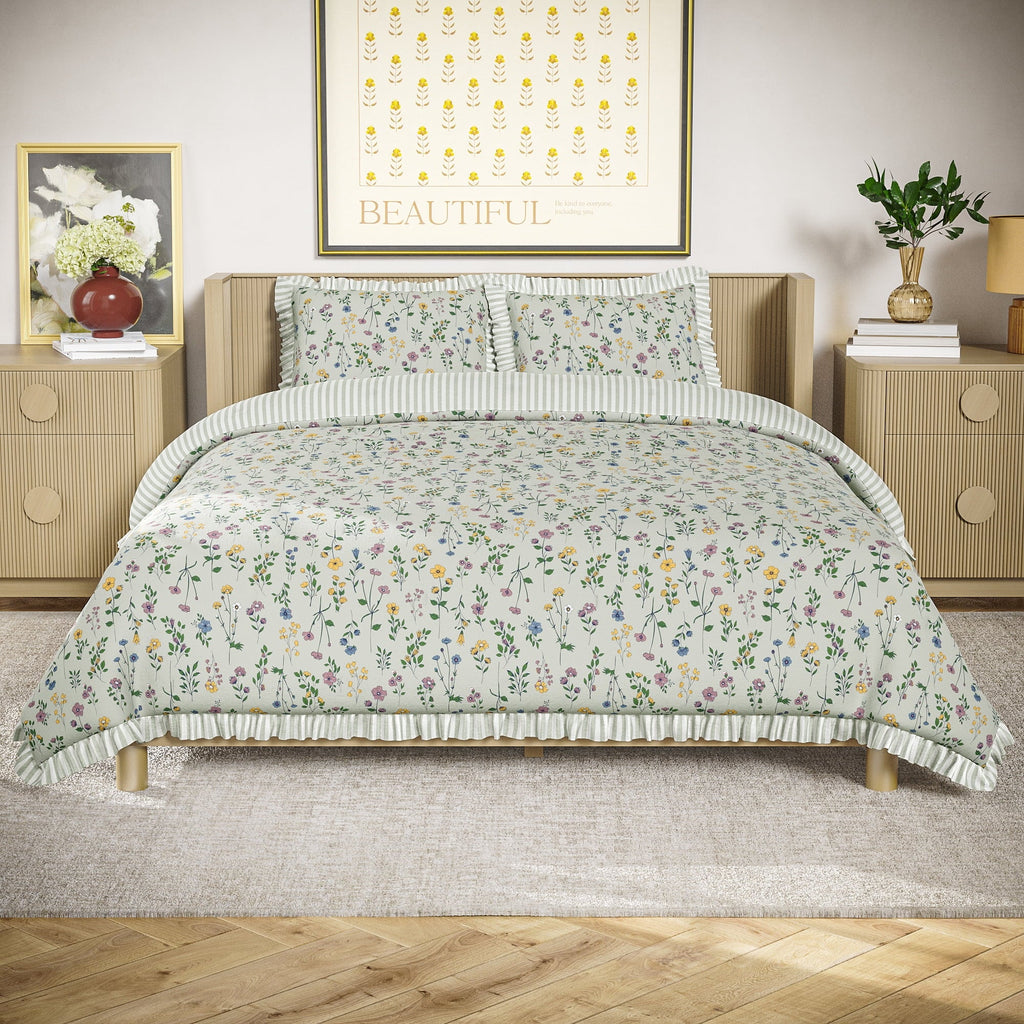Luxurious Quilted 100% Cotton Botanical 3-Piece Sage Green Comforter Set, Full/Queen - Hypoallergenic Ultra-Fluffy Quilt for Winter - Default Title