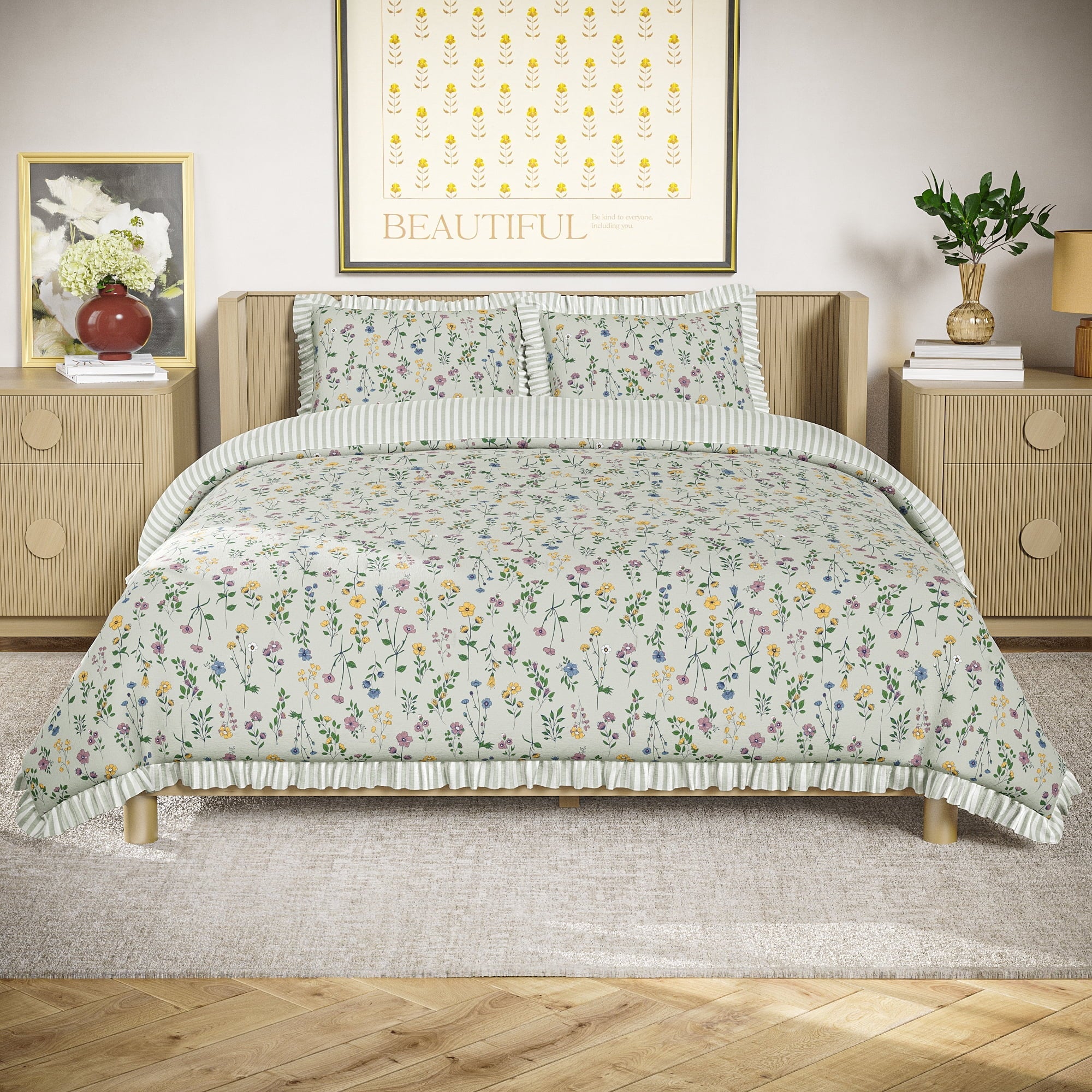 Luxurious Quilted 100% Cotton Botanical 3-Piece Sage Green Comforter Set, Full/Queen - Hypoallergenic Ultra-Fluffy Quilt for Winter - Default Title