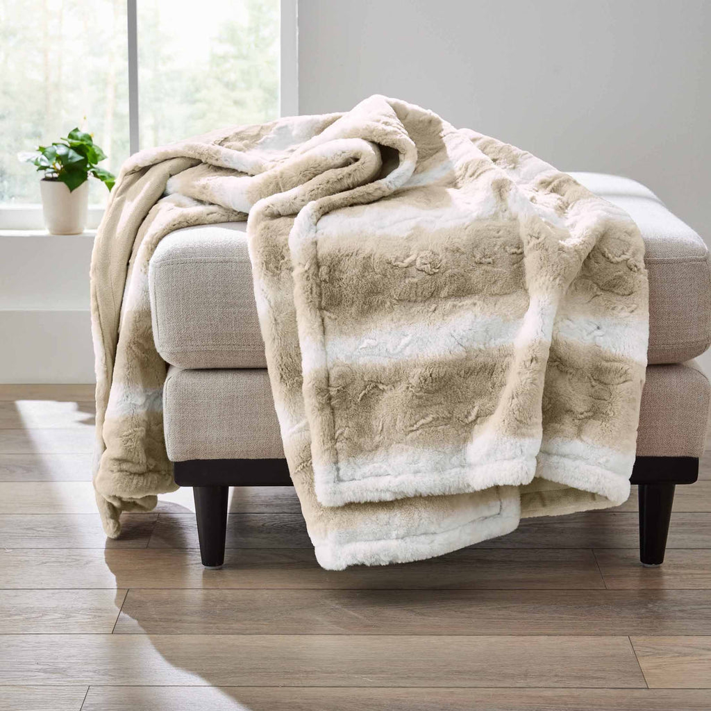 Cozy Fleece Almond Biscuit Ombre Faux Fur Throw, 50"x72" - Super Soft Reversible Sherpa Flannel Blanket - Default Title