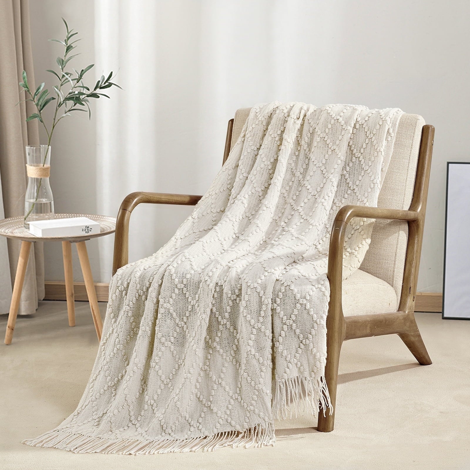 Lightweight Warm Texture Pure Color Soft Throw Blanket and Sofa Or Bed Knitted Decorative Blanket 50 x70 inches Jacquard Diamond Beige... - Cozy Fleece Throw Blanket for Couch & Bed - Default Title