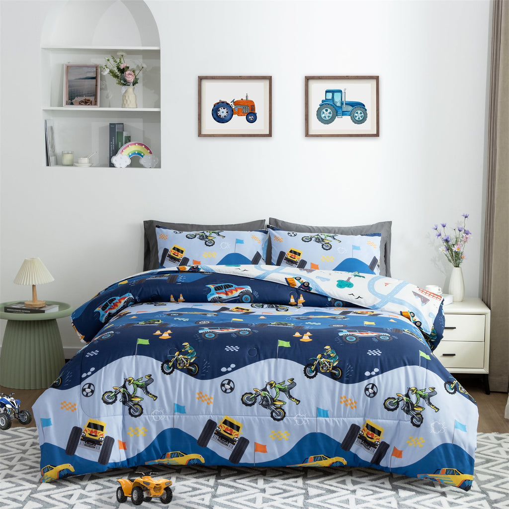 Luxurious Quilted 3Pcs Reversible Construction Truck Twin Comforter Set for Boys Kids Excavator Vehicle Motorcycle Bedding Set Blue - All-Season Down Alternative Comforter Insert - Default Title