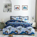 Luxurious Quilted 3Pcs Reversible Construction Truck Twin Comforter Set for Boys Kids Excavator Vehicle Motorcycle Bedding Set Blue - All-Season Down Alternative Comforter Insert - Default Title