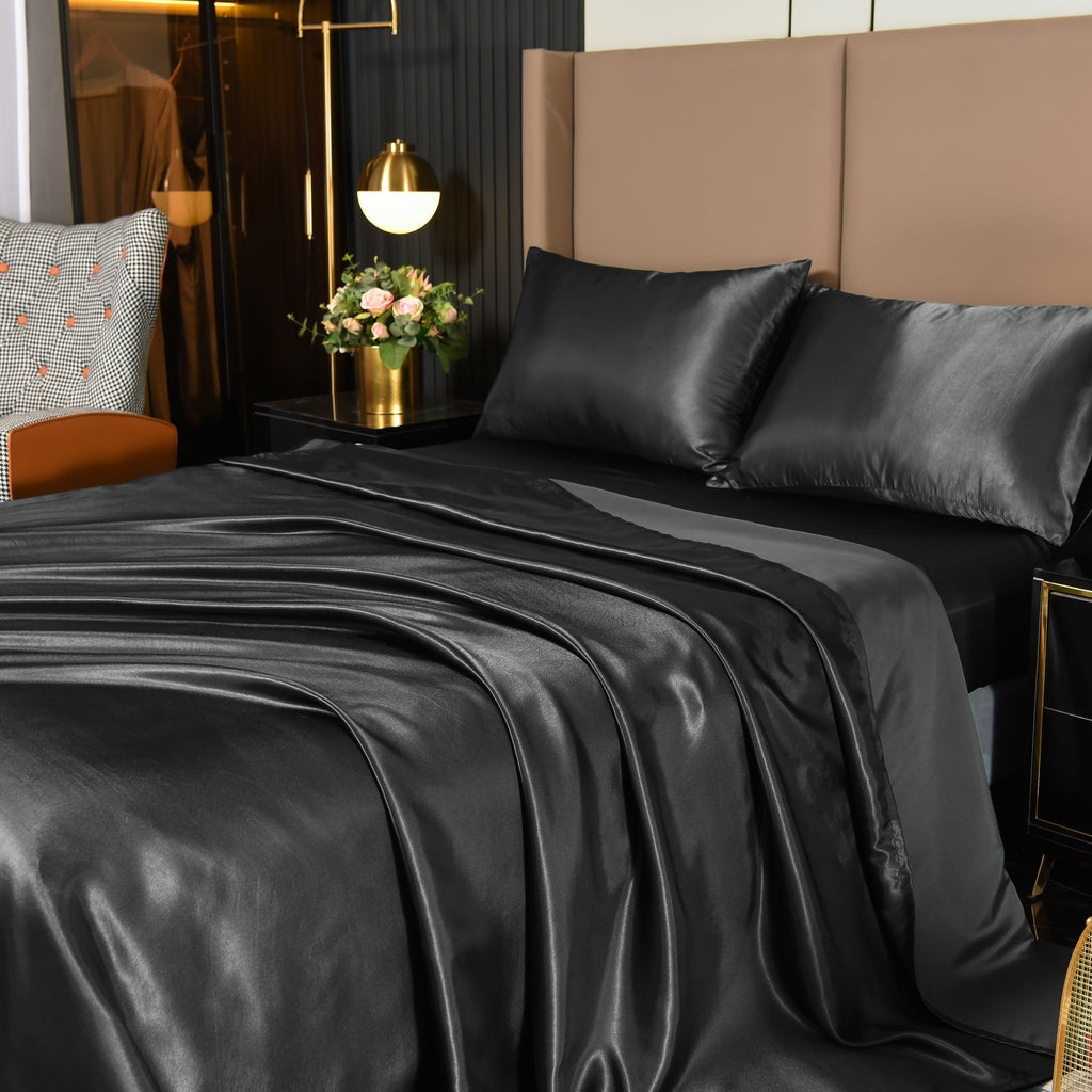 Breathable Luxury 4Pcs Black Satin Sheets Queen Set Silk Sheets 13" Deep Pocket Ultra Soft silky Bed Sheet Set - Breathable Egyptian Cotton Flat & Fitted Sheets - Default Title