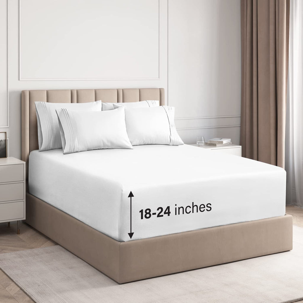 Cooling Sateen 6-Piece Extra Deep Pocket Sheet Set With Extra Matching Pillowcases - King Size Bed Sheets Fits 18"-24" Ma... - Luxury Bed Sheet Set with Deep Pockets - Default Title