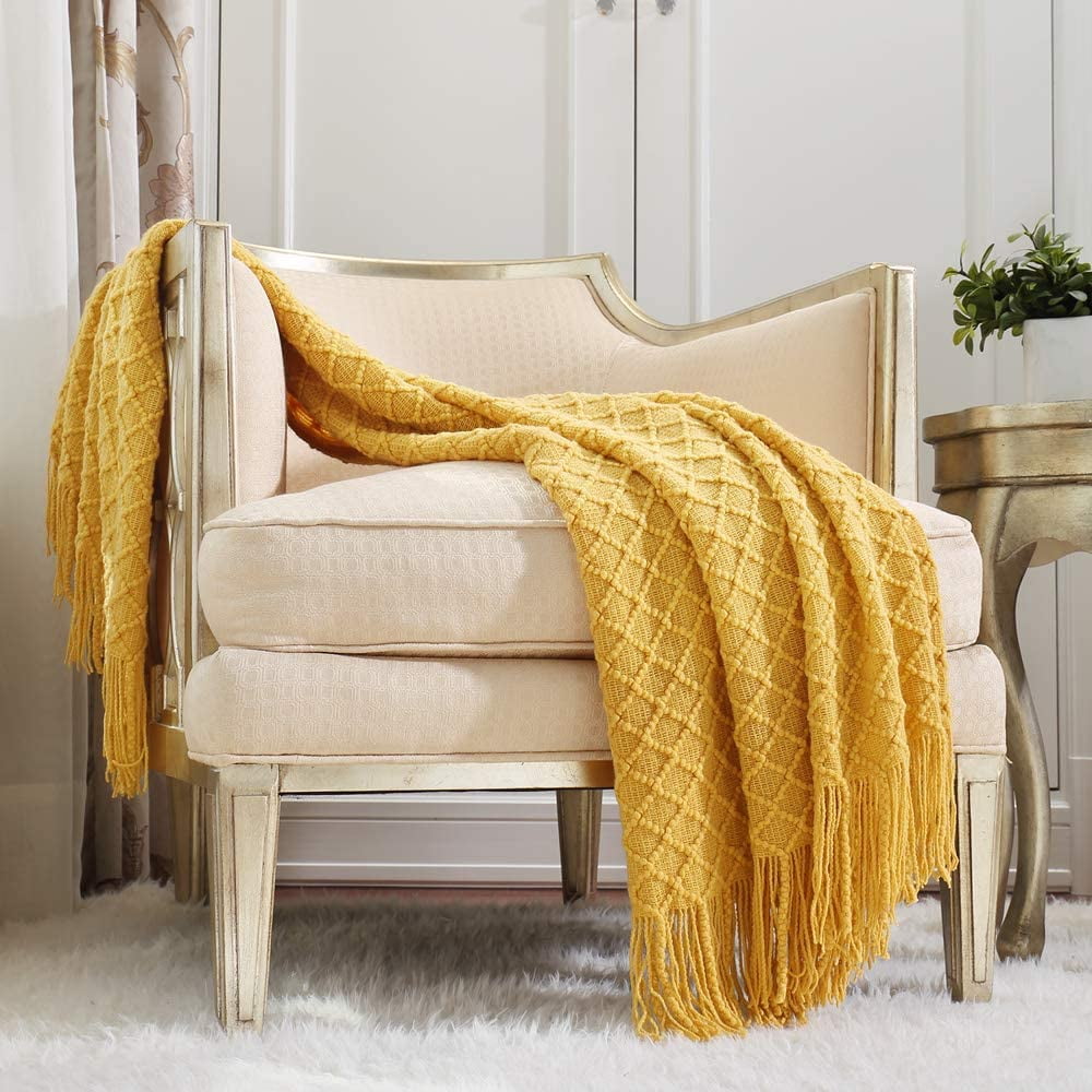 Reversible Sherpa Decorative Soft Spring Summer Fall Throw Blanket ,for Couch Sofa Chair Bed,50''X60'',Mustard Yellow - Luxury Knitted Decorative Throw Blanket with Fringes - Default Title