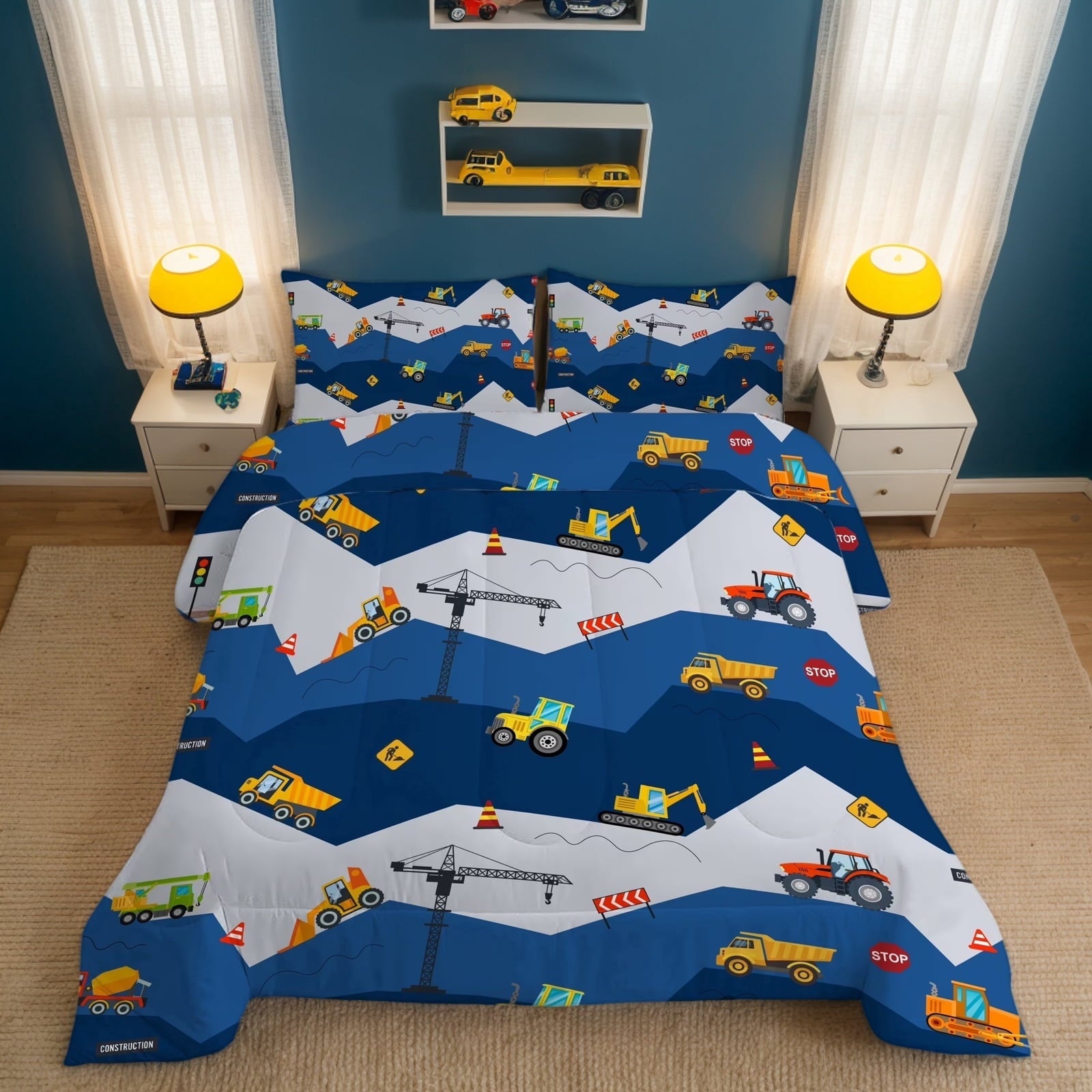 Luxurious Quilted Car Comforter Set Construction Bedding Set for Boys Kids Trucks Comforter Cartoon Car Excavator Tractor Blue 3Pcs Twin - All-Season Down Alternative Comforter Insert - Default Title