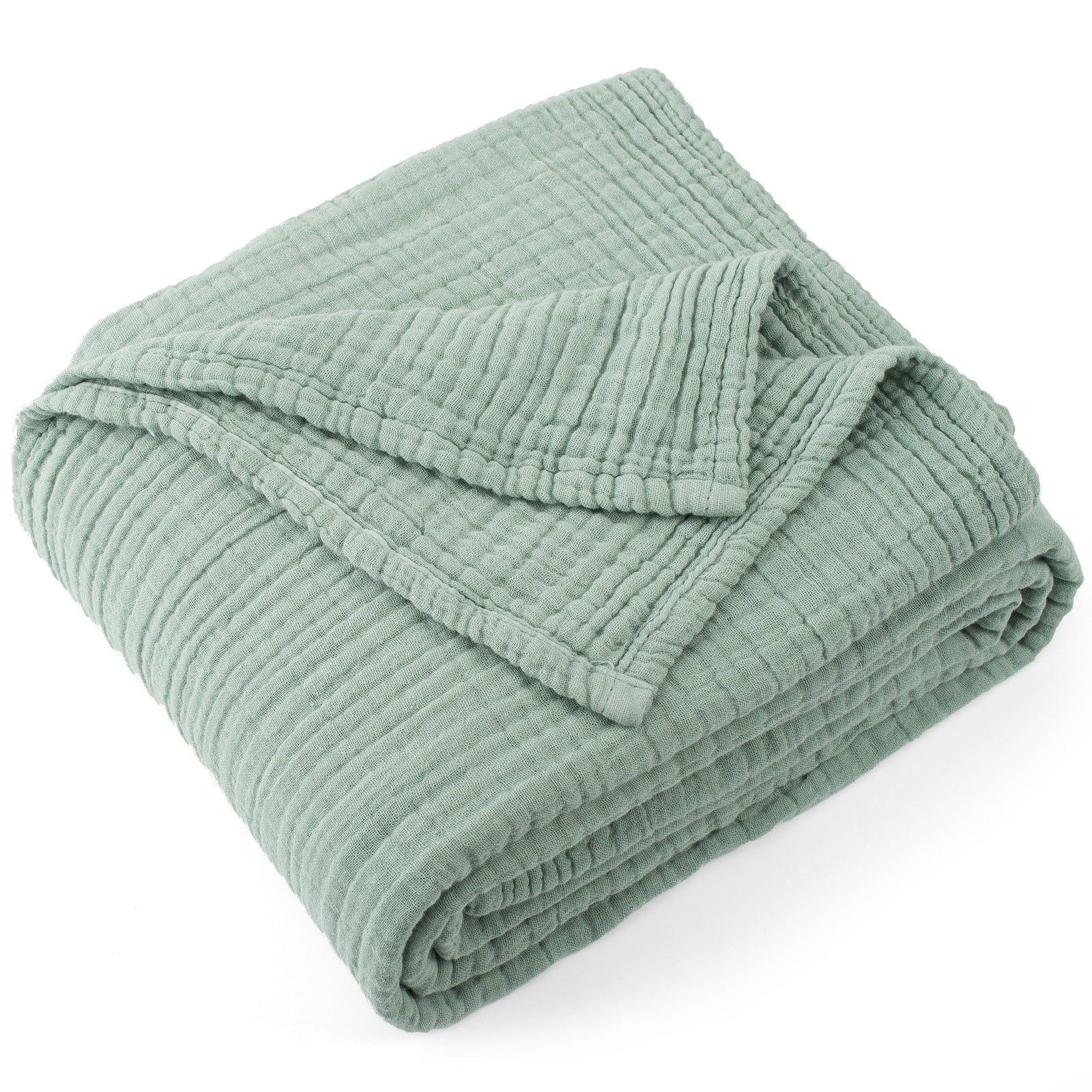 Lightweight Warm 100% Cotton Muslin Throw Blanket Gauze Blankets for Adults Soft Throws for Bed and Couch, 50" x 70" Sage Green - Luxury Knitted Decorative Throw Blanket with Fringes - Default Title