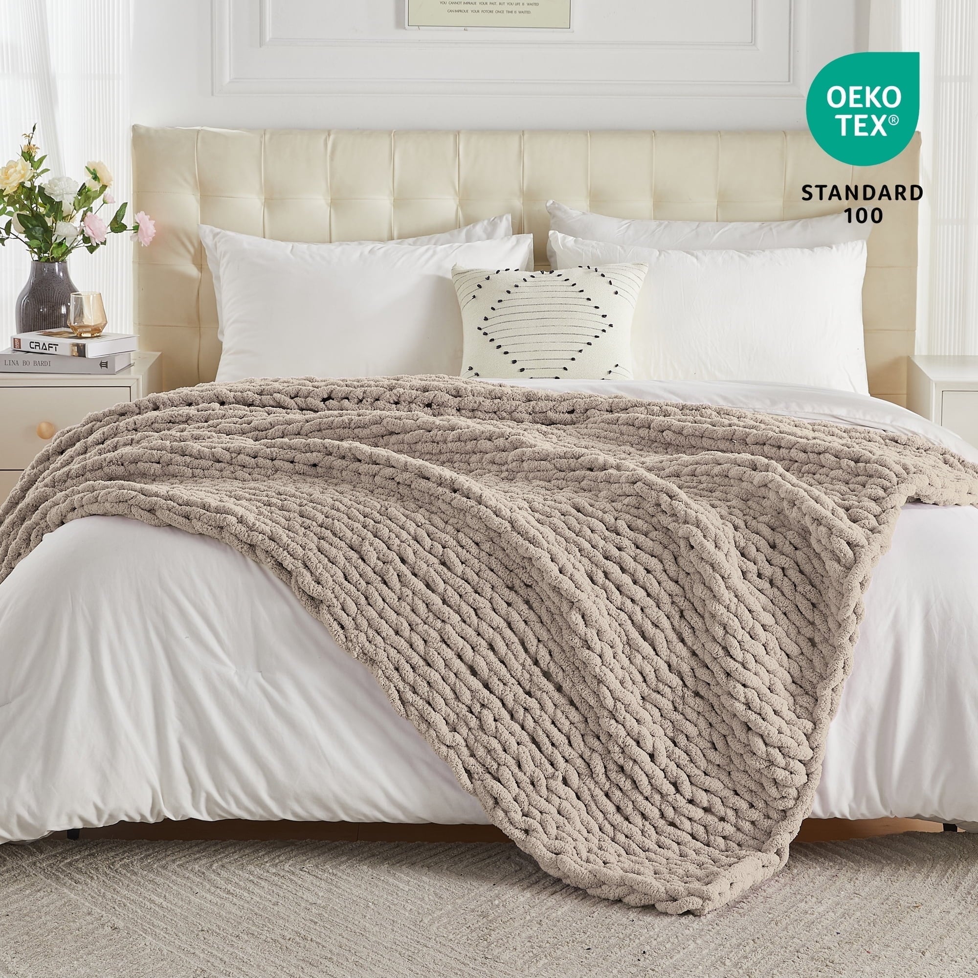 Reversible Sherpa Chunky Knit Throw Blanket Handmade Soft Throws for Couch Sofa Bed, 50" x 60" Taupe - Luxury Knitted Decorative Throw Blanket with Fringes - Default Title