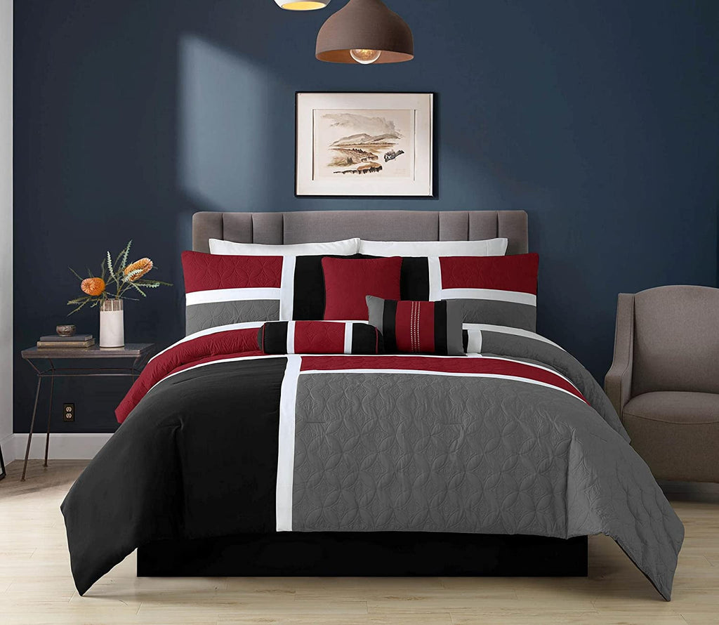 All-Season 7-Piece Medallion Patchwork Comforter Set, Full, Red/Gray/Black - Luxurious Quilted Duvet Cover Set - Default Title