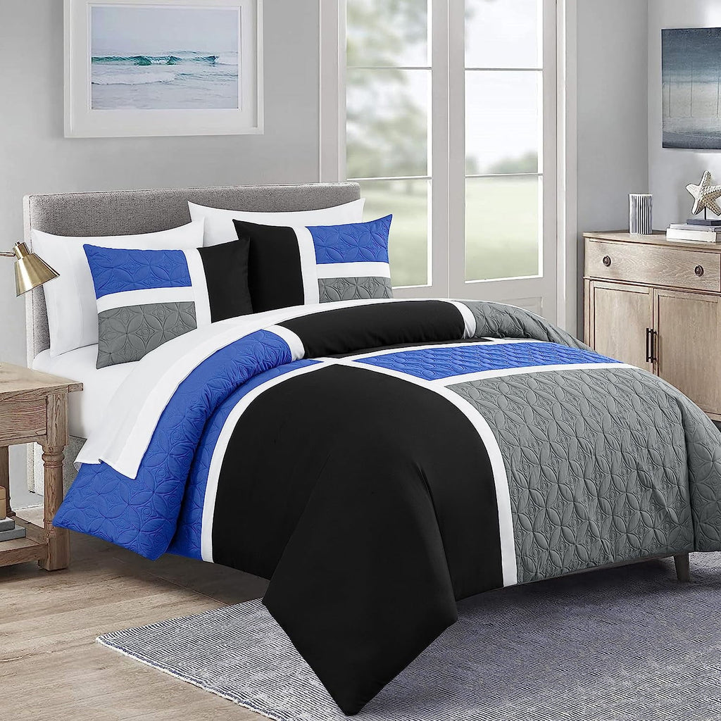 Fluffy Down Alternative Bernard 7-Piece Full Bed in a Bag Comforter Set with Sheets, Lightweight Comforter Blue Black Gray Patchwork Quilted ... - Luxurious Quilted Duvet Cover Set - Default Title