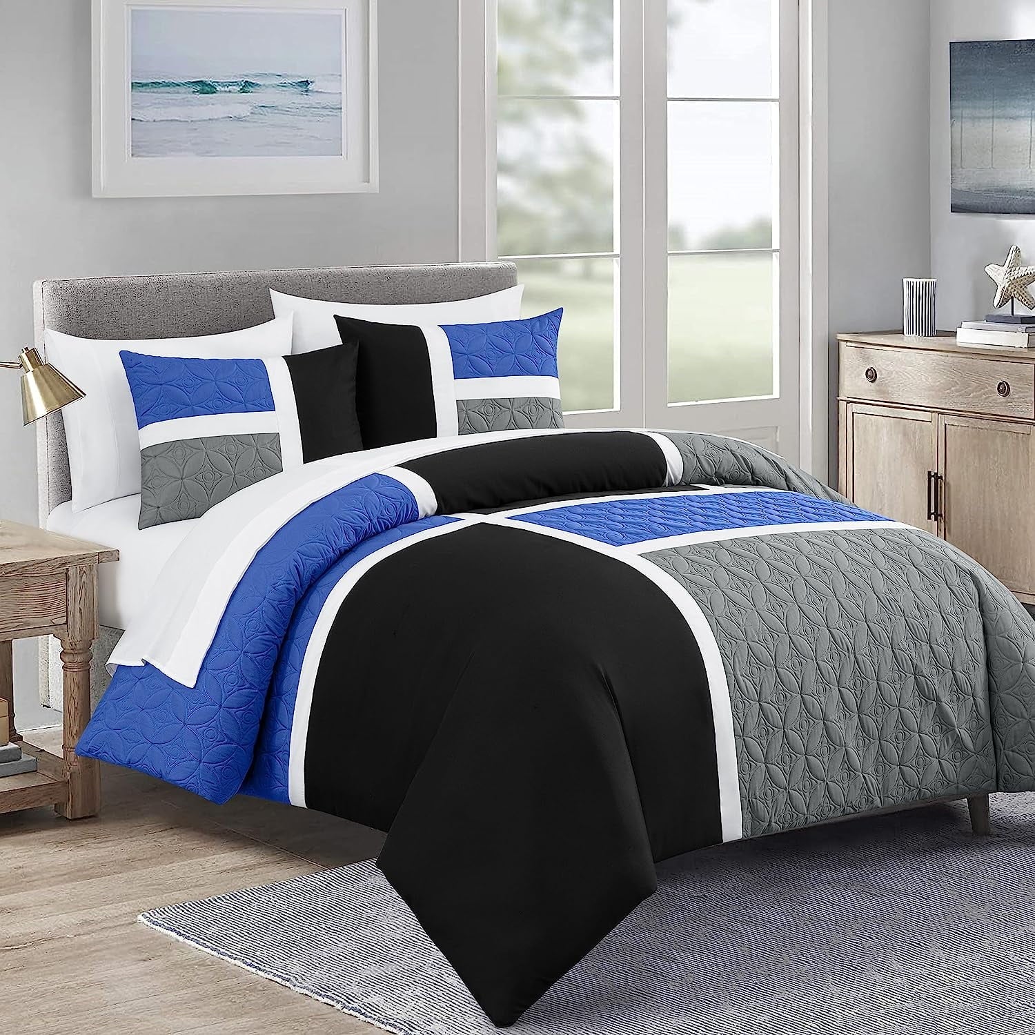 Fluffy Down Alternative Bernard 7-Piece Full Bed in a Bag Comforter Set with Sheets, Lightweight Comforter Blue Black Gray Patchwork Quilted ... - Luxurious Quilted Duvet Cover Set - Default Title