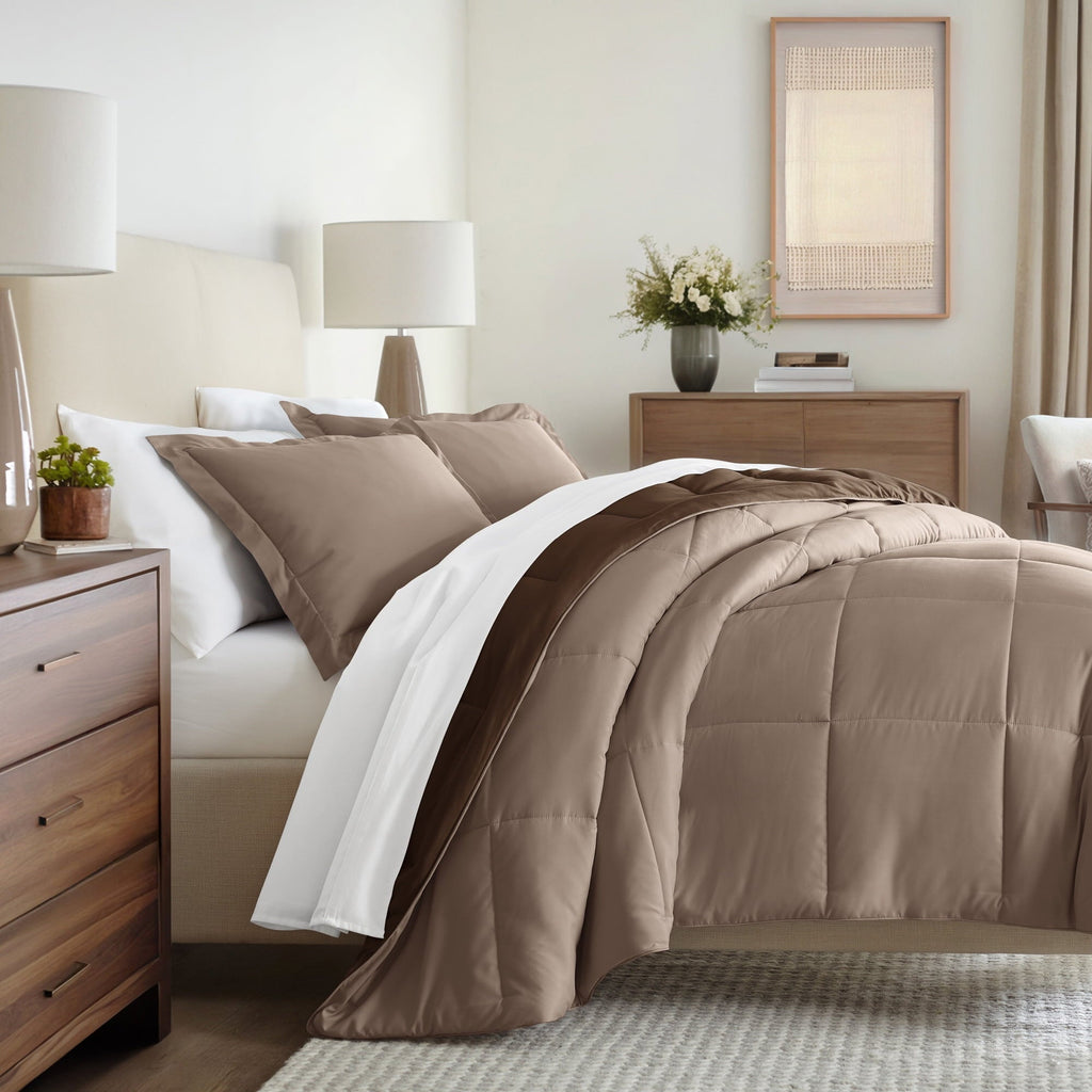 Hypoallergenic Cloud All Season Reversible Comforter Set Breathable Cool in Taupe & Chocolate Brown Full/Queen Size Bedding - All-Season Down Alternative Comforter Insert - Default Title