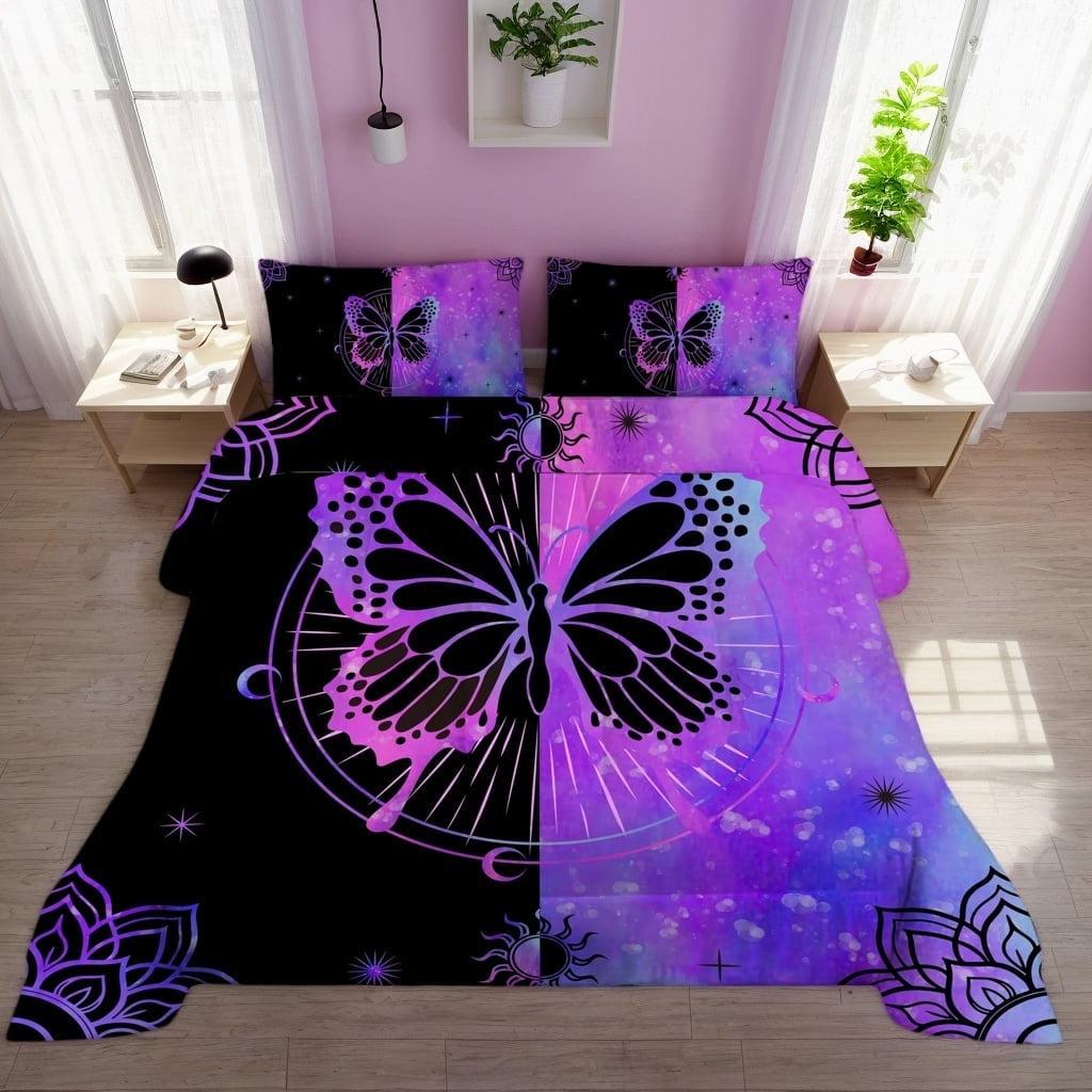 Heavyweight Warmth Butterfly Comforter Set Full Size for Girls Kids Teens Black Blue Purple Tie Dye Bedding Set 3 Pieces - Hypoallergenic Ultra-Fluffy Quilt for Winter - Default Title