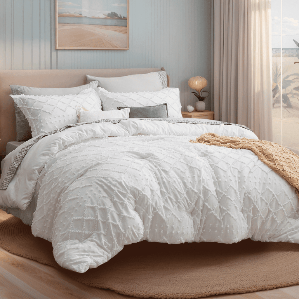 Fluffy Down Alternative Queen Comforter Set, Boho Tufted Shabby Chic Bedding Comforter Set, 3 Pieces Farmhouse Bed Set for All Seasons, White... - Cloud-Like Soft Lightweight Bed Comforter - Default Title