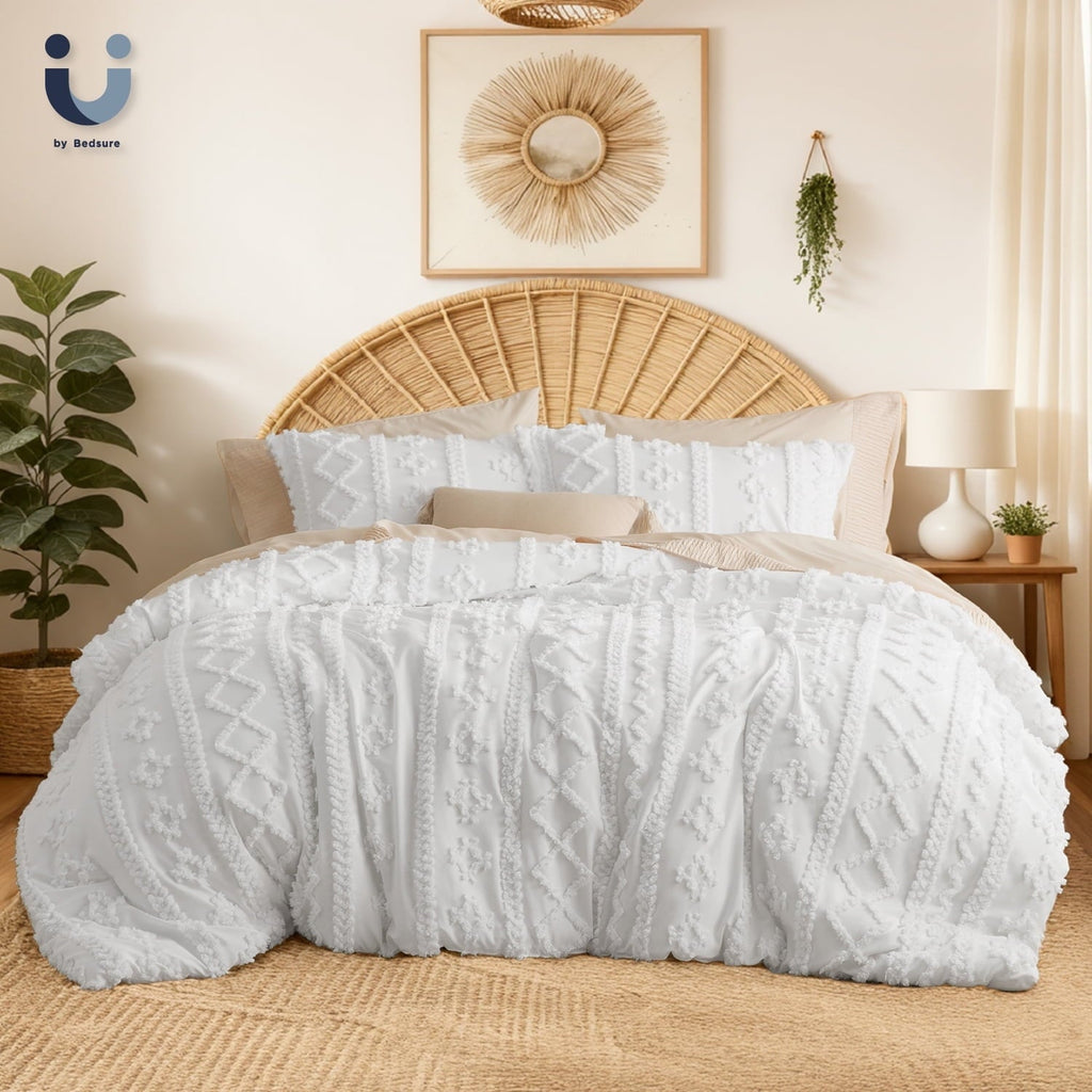 Fluffy Down Alternative Tufted Boho Comforter Set, 2 Pieces Farmhouse Shabby Chic Embroidery Bed Set, Soft Jacquard Comforter for All Seasons... - Luxurious Quilted Duvet Cover Set - Default Title