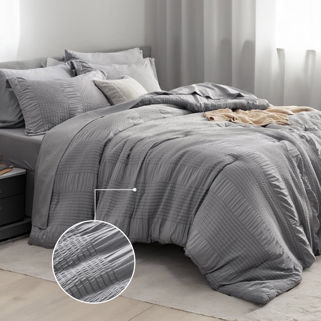 Luxurious Quilted Twin Comforter Sets 5 Pieces Stripes Seersucker Bedding Set, Bed in a Bag with Soft Comforter & Sheets, Pillowcase & ... - Luxurious Quilted Duvet Cover Set - Default Title