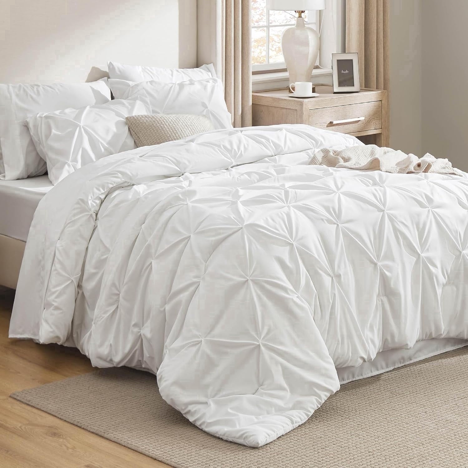 Heavyweight Warmth White Queen Comforter Set- 7 Pieces Pintuck Bedding Set with Comforters, Sheets, Pillowcases & Shams - Luxurious Quilted Duvet Cover Set - Default Title