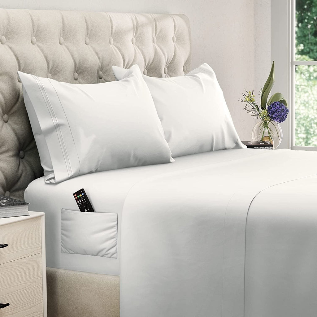 Premium Egyptian Cotton Bed Sheets Set - Queen Size Sheet with Side Pocket - 4pcs Set, 15 inches, White - Premium Ultra-Soft Pillowcase Pair for Sleeping - Default Title