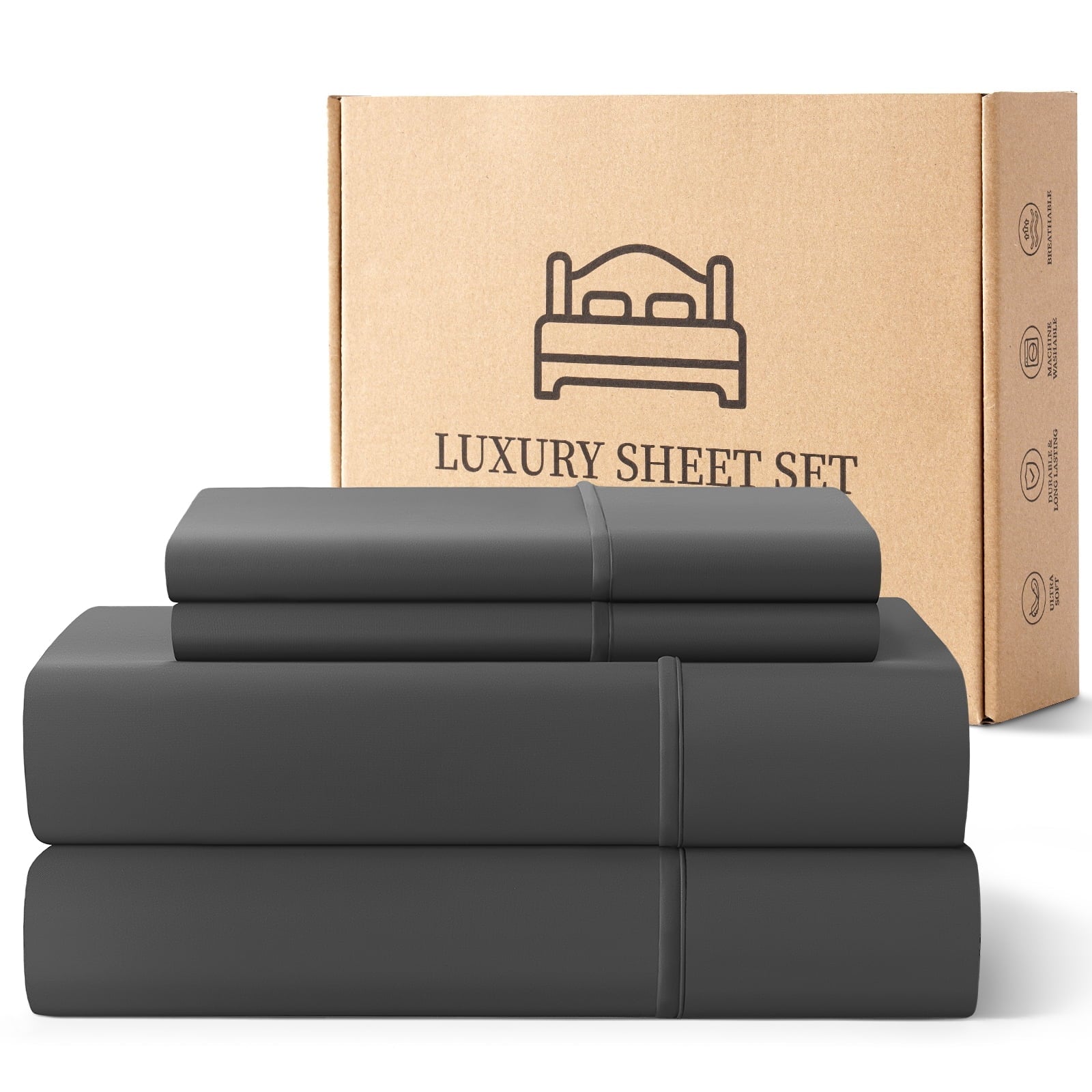 Wrinkle-Resistant Sheets,Soft Hotel Luxury Polyester Washed Cotton,4 Piece Sheets Set,with 14" Deep Pocket,Dark Gray - Premium Ultra-Soft Pillowcase Pair for Sleeping - Default Title