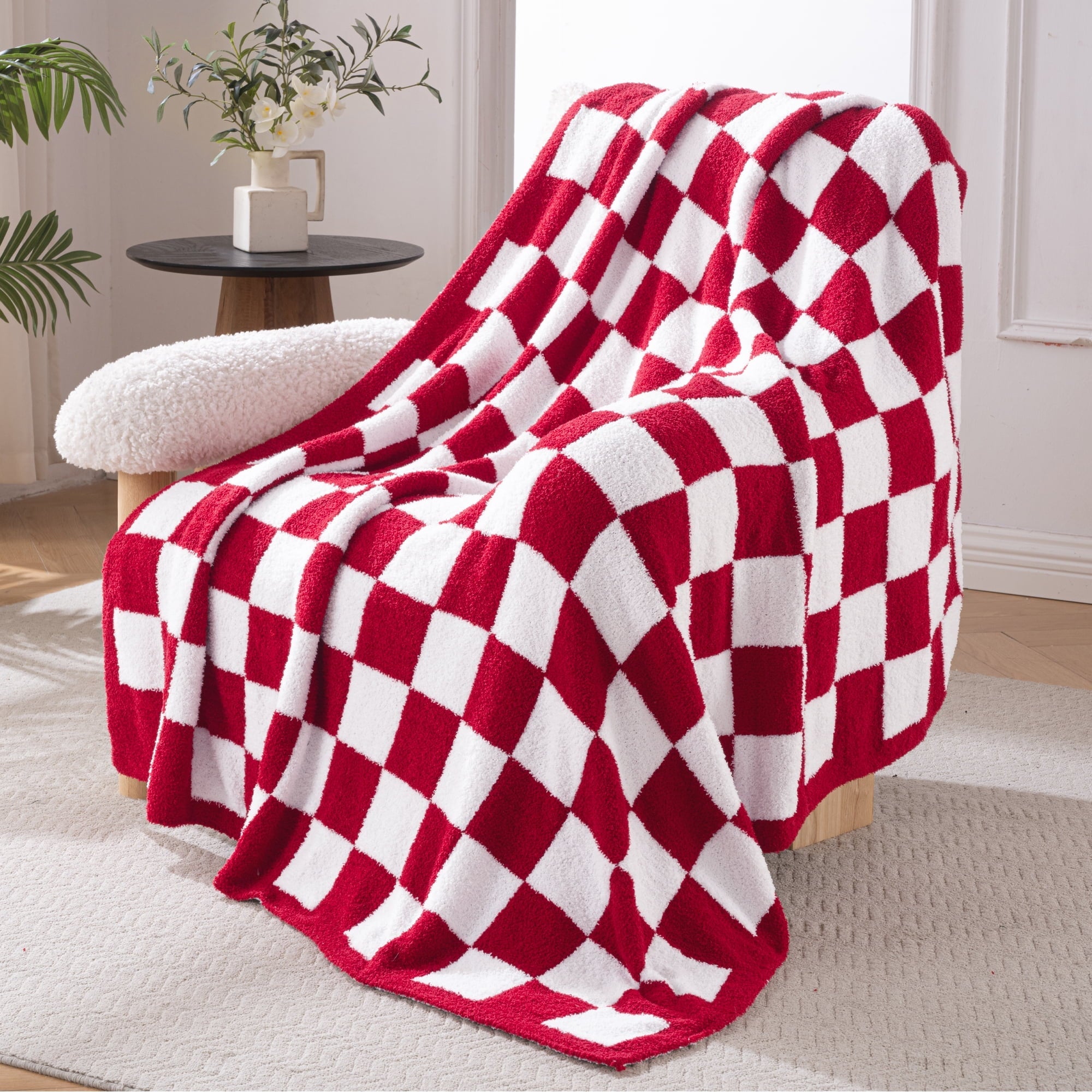 Reversible Sherpa Checkered Knit Throw Blanket, Ultra Soft Cozy Fluffy Checkerboard Blankets, Lightweight Fuzzy Plush Throw for Couch a... - Lightweight Plush Warm Blanket for All Seasons - Default Title