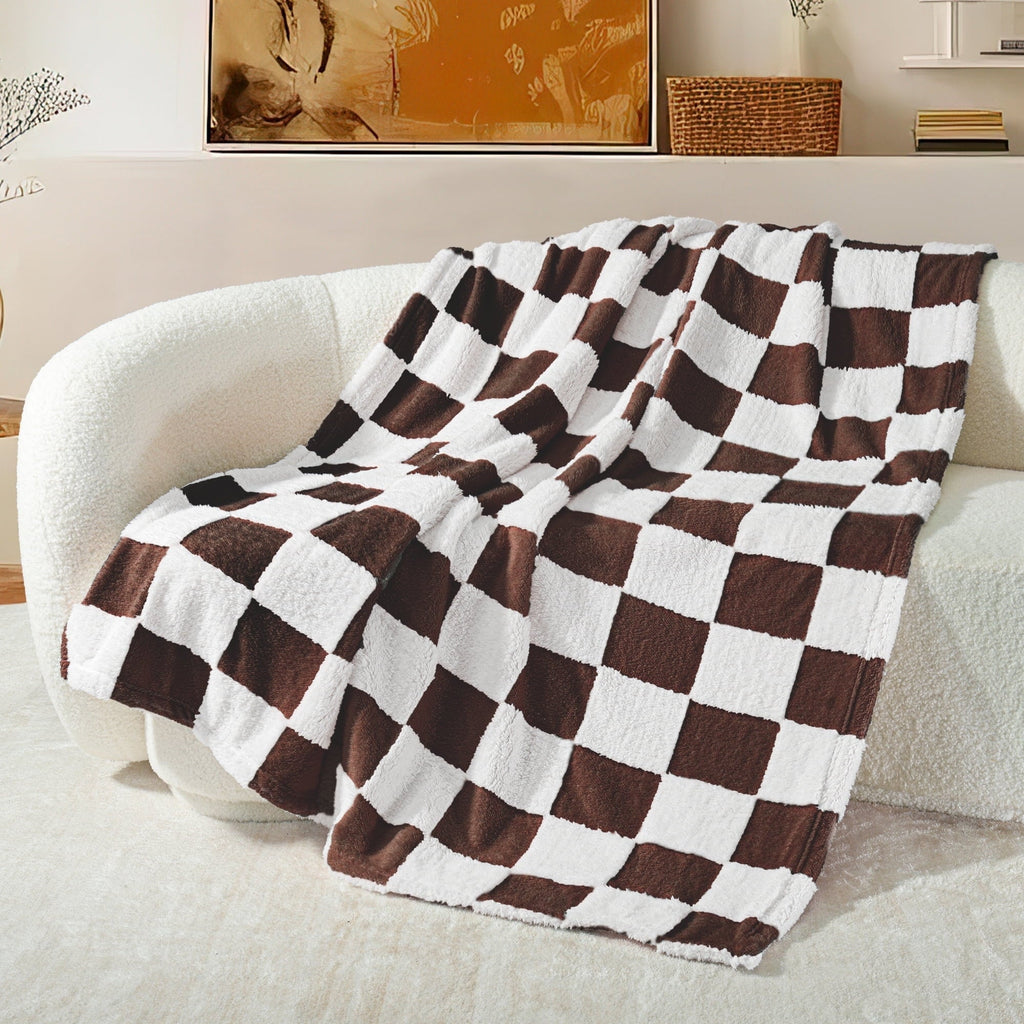 Super Soft Flannel Checkered Throw Blanket, Super Soft and Warm Fluffy Fleece Blanket for Couch, Sofa, Bed, Cute Plaid Pattern, Coffee, ... - Super Soft Reversible Sherpa Flannel Blanket - Default Title
