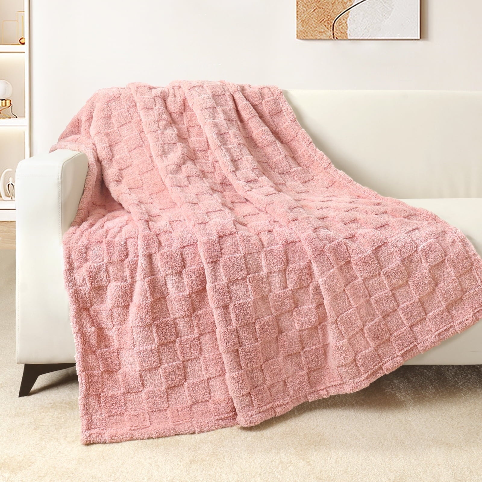 Super Soft Flannel Fleece Throw Blanket for Couch, Super Soft Warm Lightweight Checkered Pattern Blanket for All Seasons, Pink, 50"x60" - Luxury Knitted Decorative Throw Blanket with Fringes - Default Title
