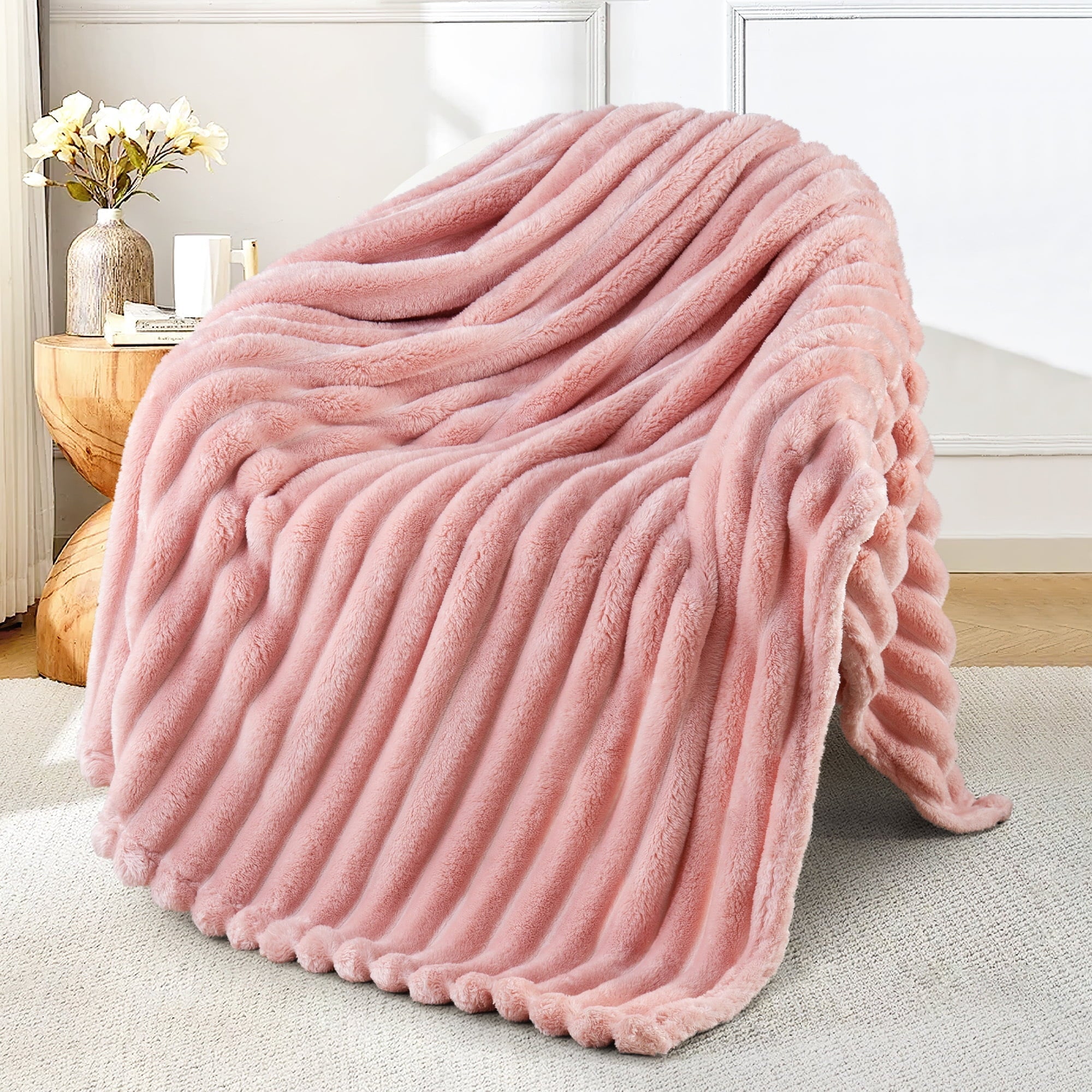 Decorative Knitted Fleece Throw Blanket for Couch, Super Soft 3D Striped Jacquard Blanket, Lightweight Fuzzy Cozy Blankets, Pink, 50"x60" - Luxury Knitted Decorative Throw Blanket with Fringes - Default Title