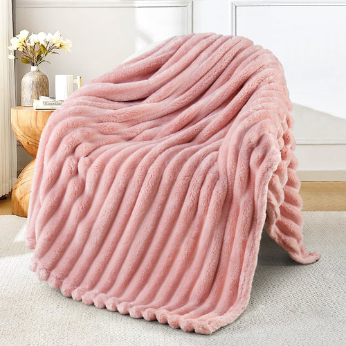 Decorative Knitted Fleece Throw Blanket for Couch, Super Soft 3D Striped Jacquard Blanket, Lightweight Fuzzy Cozy Blankets, Pink, 50"x60" - Luxury Knitted Decorative Throw Blanket with Fringes - Default Title