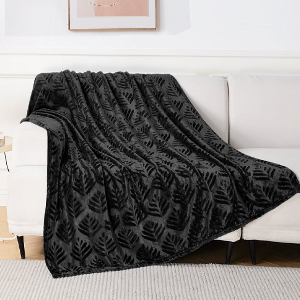 Reversible Sherpa Fleece Throw Blanket for Couch, Leaves Pattern Super Soft and Cozy Blankets, Plush Fuzzy Lightweight, Black, 50"x60" - Lightweight Plush Warm Blanket for All Seasons - Default Title