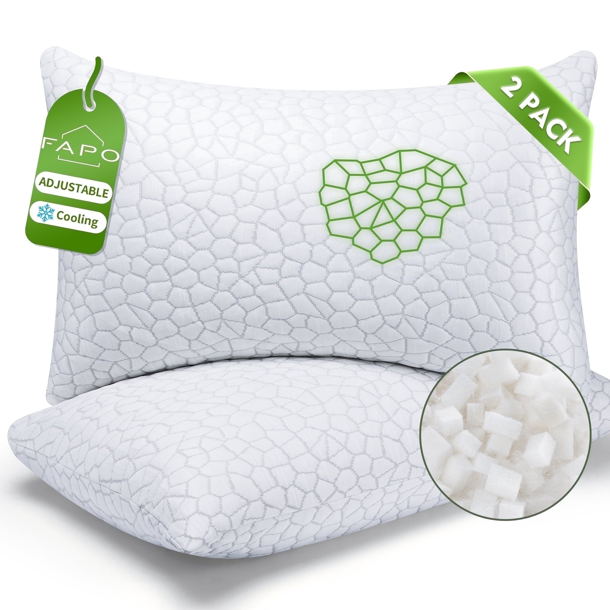 Fluffy Shredded Cooling Memory Foam Queen Pillows for bed 2 Pack,Adjustable Support & Heat Dissipation Tech for Side,Back,Stomach & H... - Orthopedic Shredded Foam Bed Pillow Set - Default Title