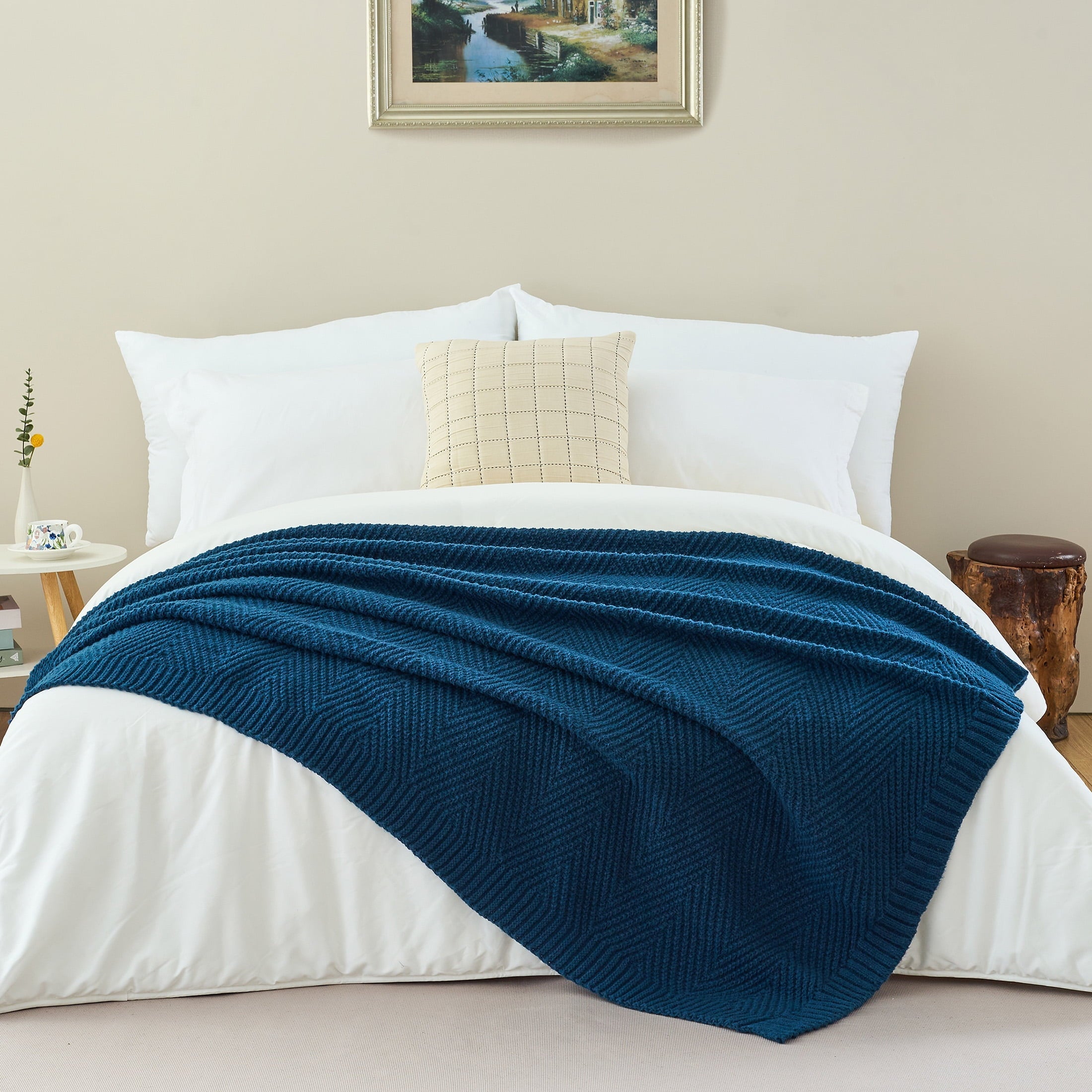 Reversible Sherpa Soft Knitted Throw Blanket 50" x 60" Navy Blue, Boho Chevron Farmhouse Throw for Bed Couch - Luxury Knitted Decorative Throw Blanket with Fringes - Default Title