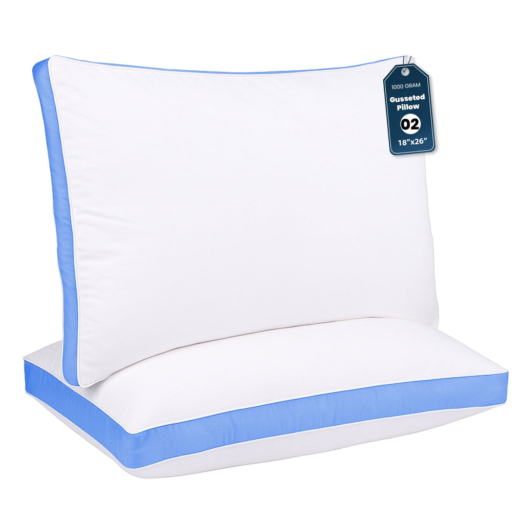 Decorative Plump Gusseted Queen 18x26 Bed Pillows for Sleeping Set of 2 Polycotton White Blue Stripe Comfortable - Hotel Quality Plush Sleeping Pillows - Default Title