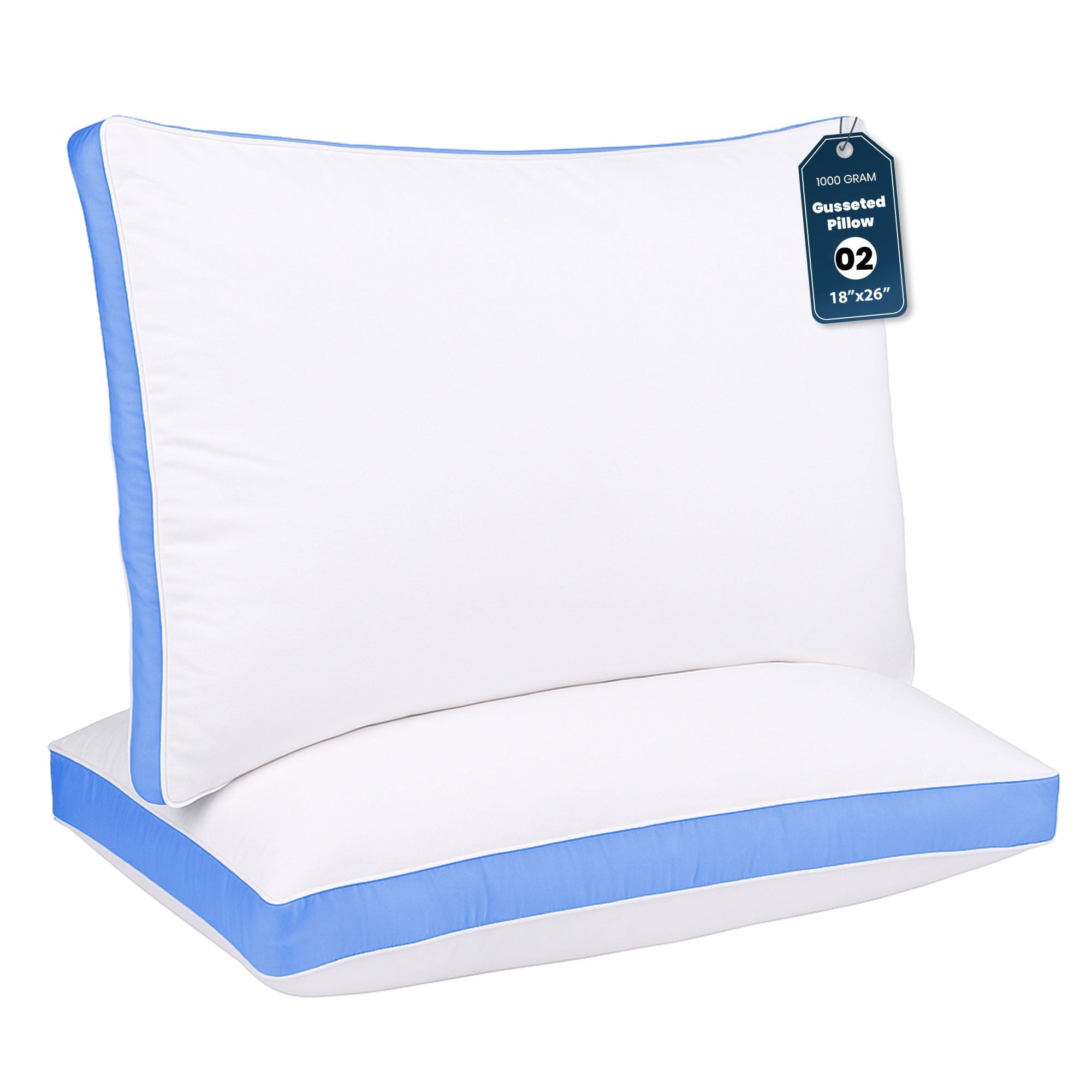 Decorative Plump Gusseted Queen 18x26 Bed Pillows for Sleeping Set of 2 Polycotton White Blue Stripe Comfortable - Hotel Quality Plush Sleeping Pillows - Default Title