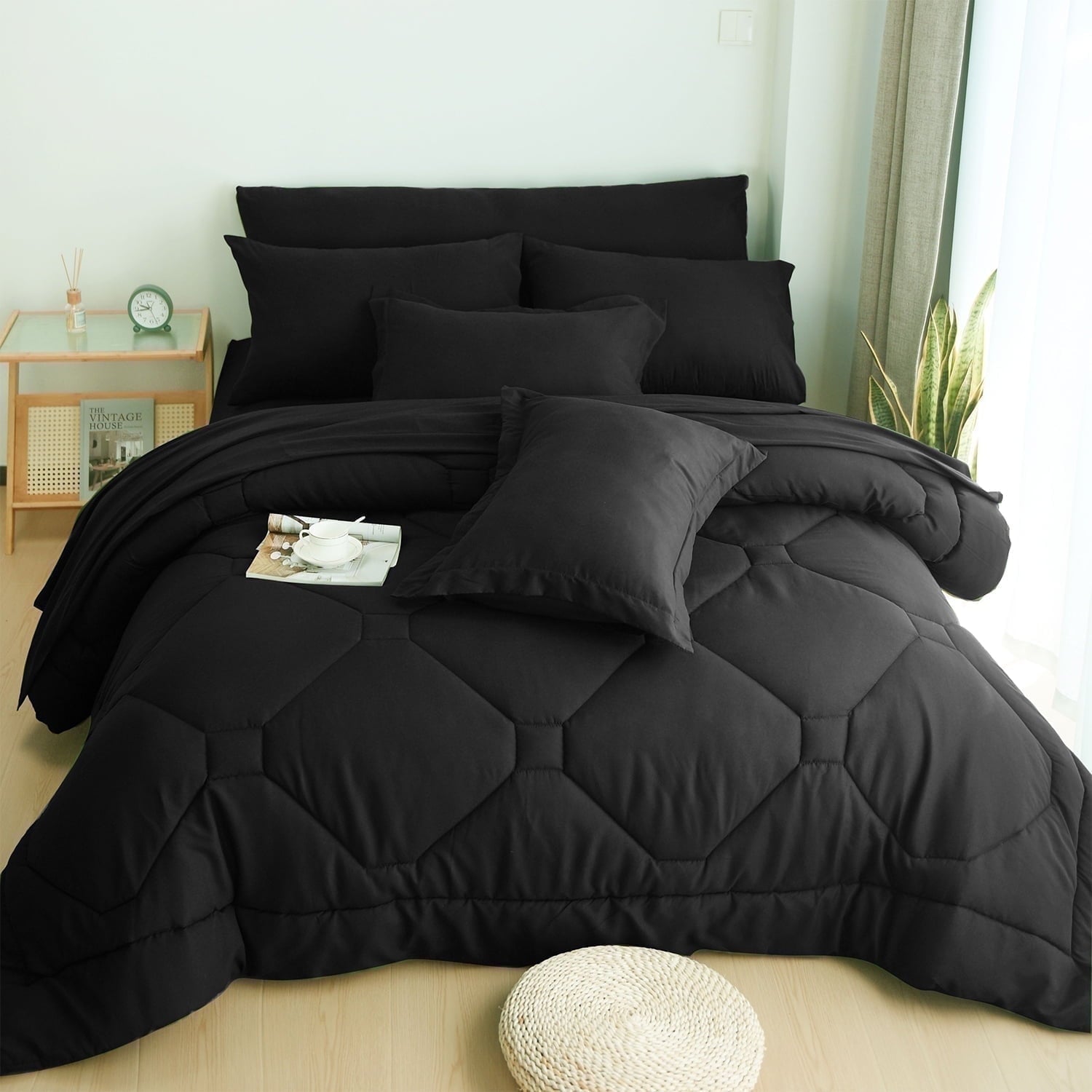 Hypoallergenic Cloud 8 PCS Modern Comforter Set with Sheets All Season Bed in a Bag, Black, Queen Size - Hypoallergenic Ultra-Fluffy Quilt for Winter - Default Title