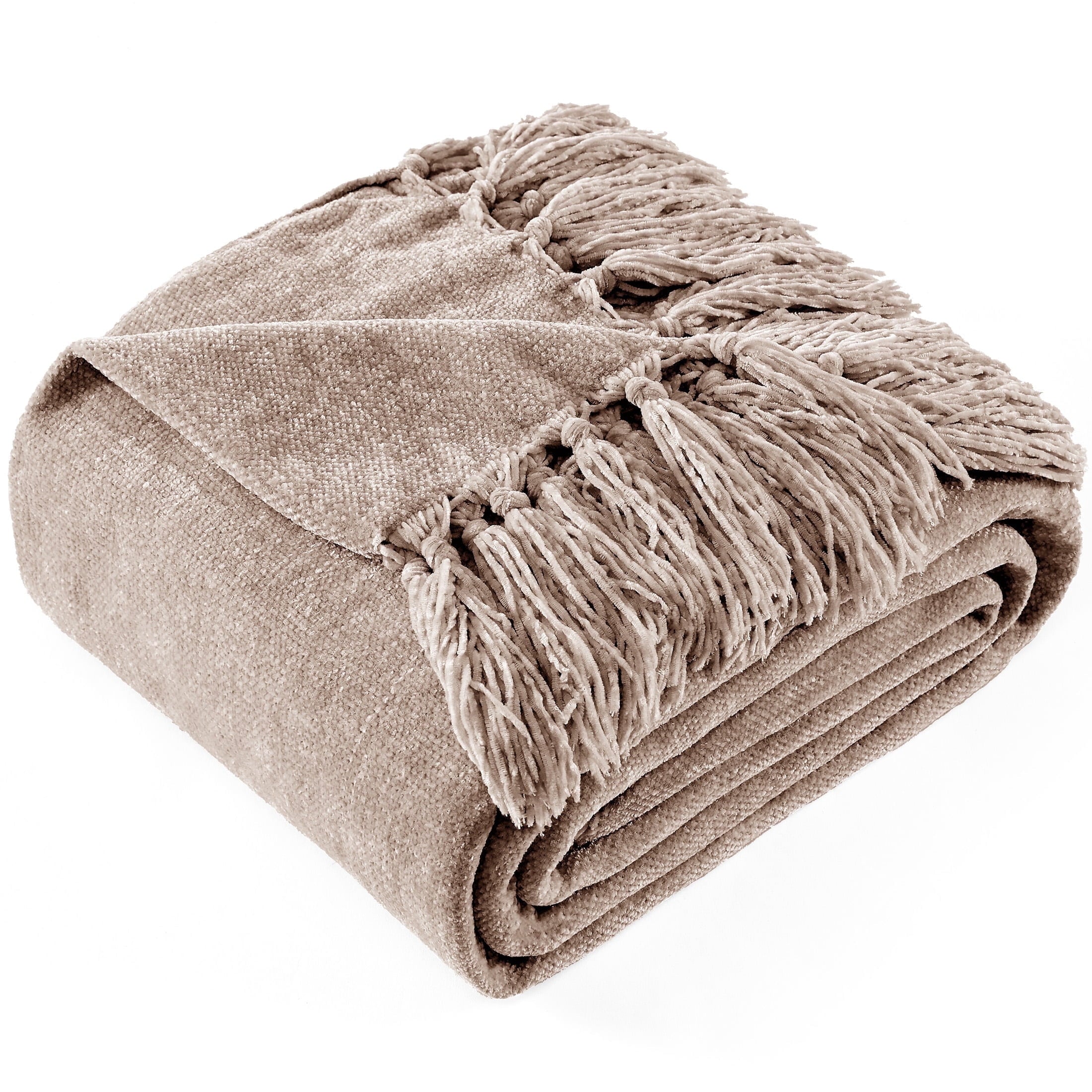 Reversible Sherpa Chenille Throw Blanket with Fringe Tassel for Couch Sofa Chair Bed, Taupe 50" X 60" - Lightweight Plush Warm Blanket for All Seasons - Default Title