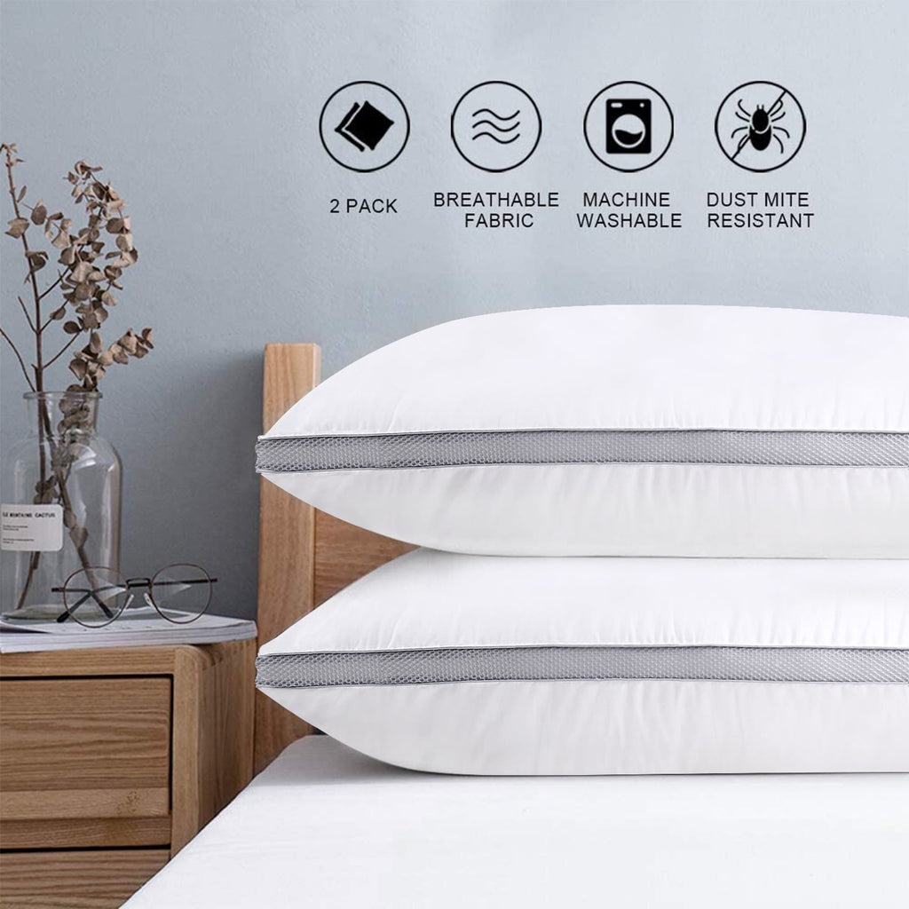Decorative Plump Down Alternative Bed Pillow with Cotton Cover and Gusset, 2 Pack, Queen, 20"x26" - Hotel Quality Plush Sleeping Pillows - Default Title