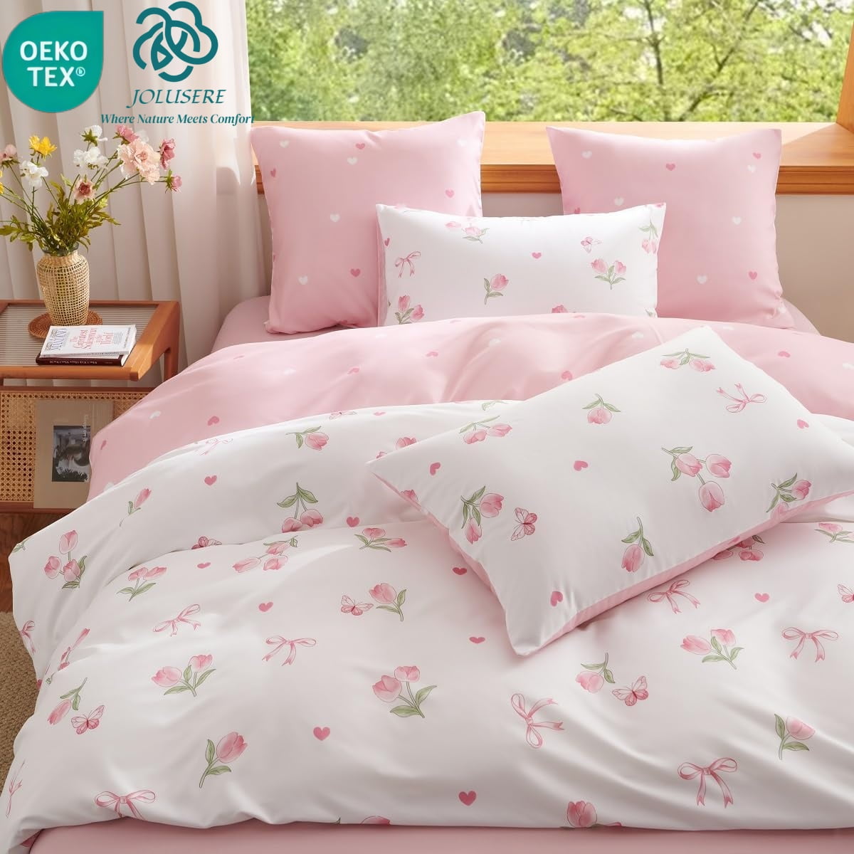 Heavyweight Warmth Pink Tulip Queen Comforter Set, 3-Piece Pink Flowers Reversible Soft Bedding Set or Adults All Season - Cloud-Like Soft Lightweight Bed Comforter - Default Title