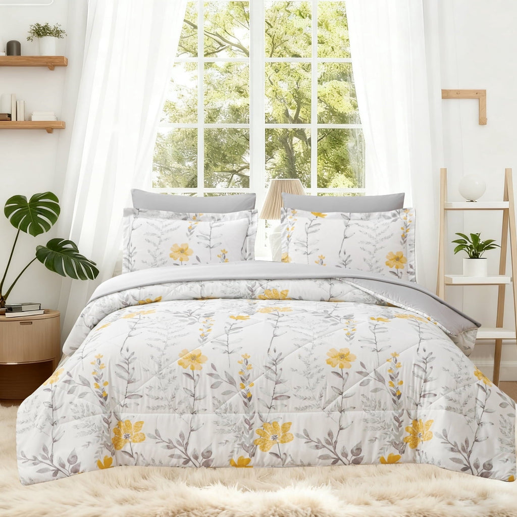 Luxurious Quilted 3 Piece Comforter Set Queen Yellow Floral Quilt Microfiber Patchwork Bedspread - Hypoallergenic Ultra-Fluffy Quilt for Winter - Default Title