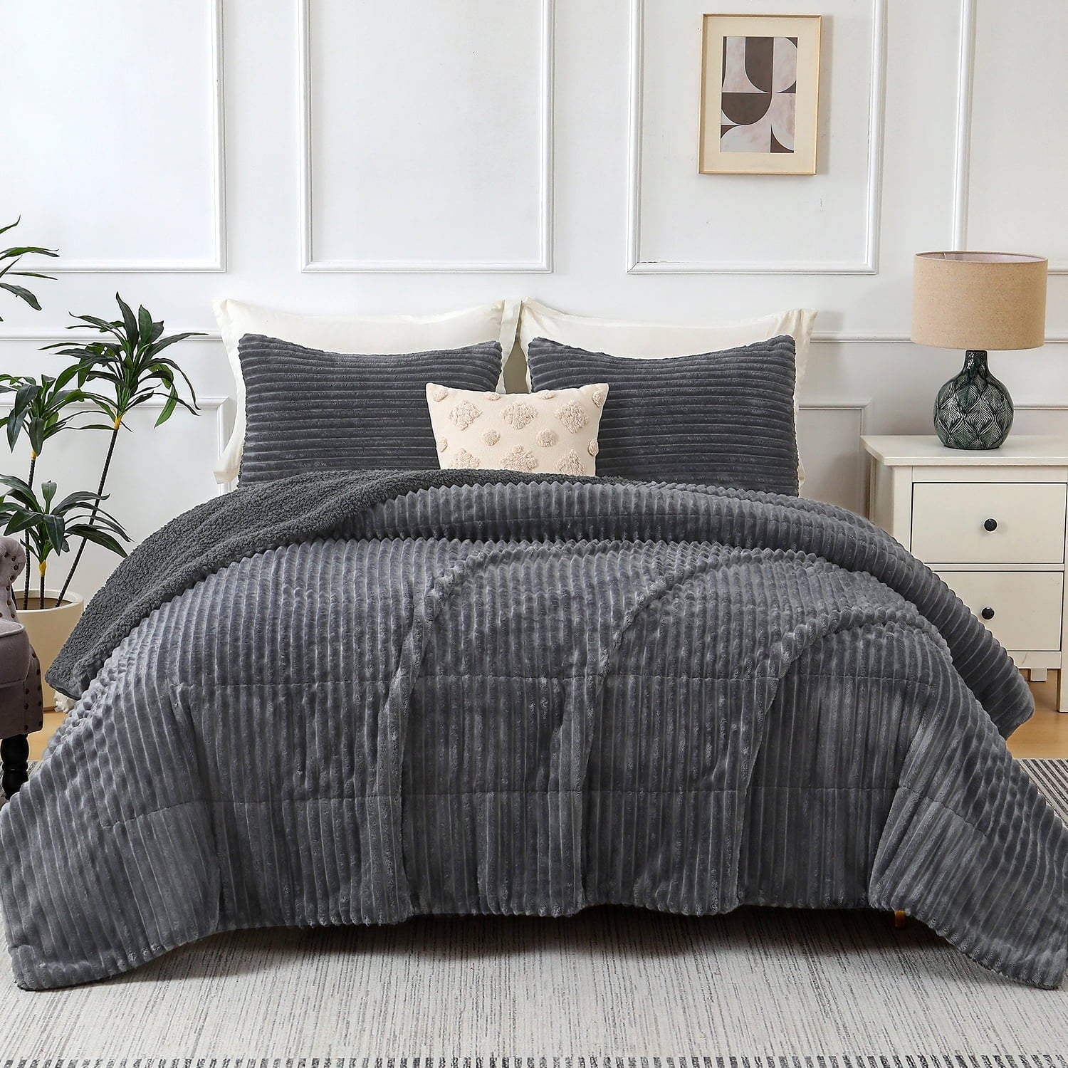 All-Season 3 Piece Fleece Queen Comforter Set - Soft & Warm Fluffy Dark Gray Sherpa Bedding , Fuzzy Heavy Double Sided Design Wi... - Luxurious Quilted Duvet Cover Set - Default Title