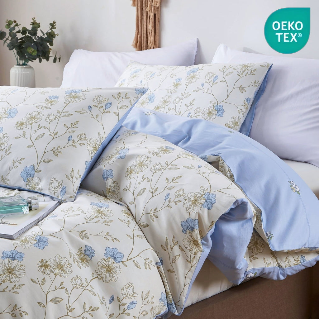 Luxurious Quilted Cotton Comforter Sets Queen Size, 3 Pieces Botanical Blue Floral Reversible Bedding Sets for Adults All Season - Cloud-Like Soft Lightweight Bed Comforter - Default Title