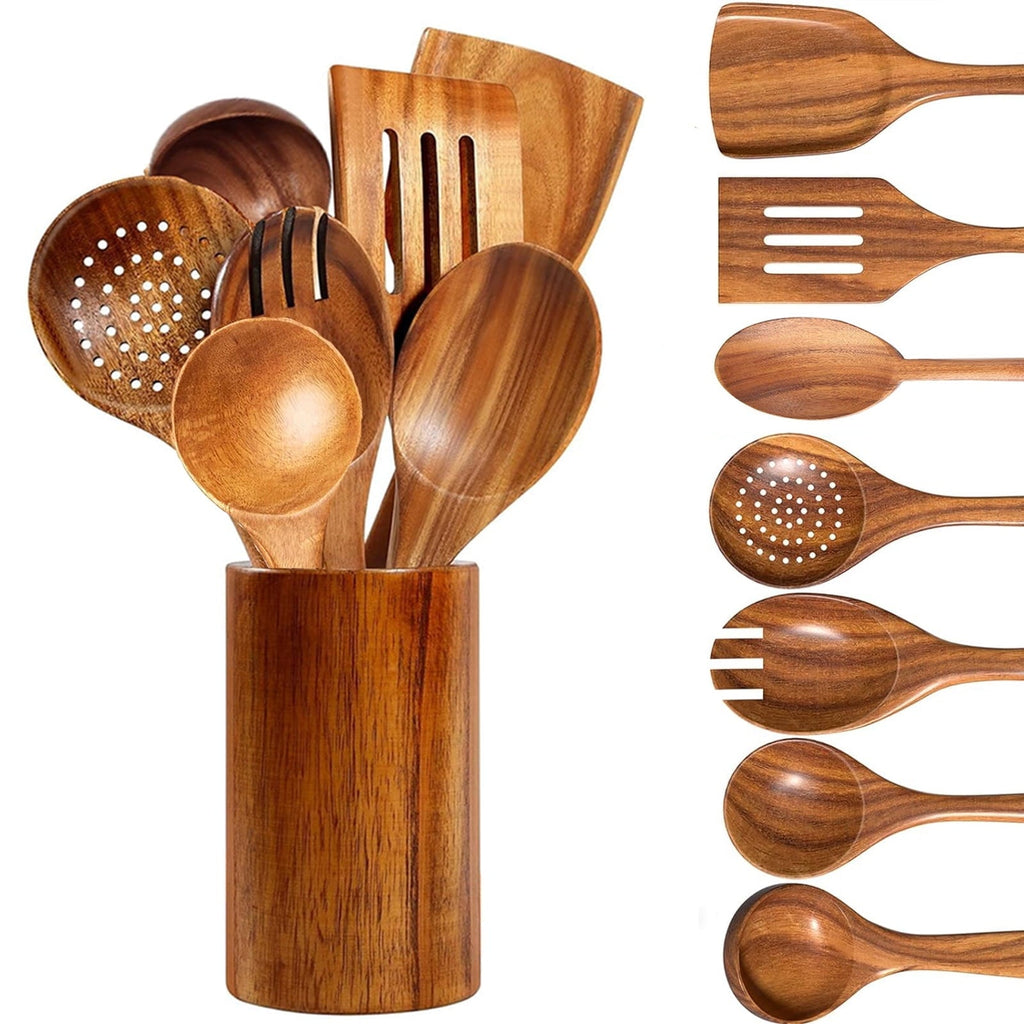 Heat-Resistant Wooden Spoons for Cooking, 8 Pcs Natural Teak Wooden Utensils Set, Non-Stick & Heat Resistant Durable Wood ... - Heat-Resistant Silicone Cooking Spatula Turner - Default Title