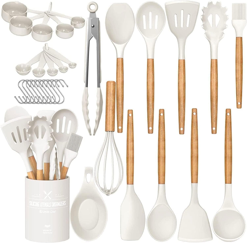 Time-Saving Kitchen Cooking Utensils Set, 33 pcs Non-stick Silicone Cooking Kitchen Utensils Spatula Set with Holder, Wooden Hand... - Kitchen Gadget Tool for Quick Food Prep - Default Title