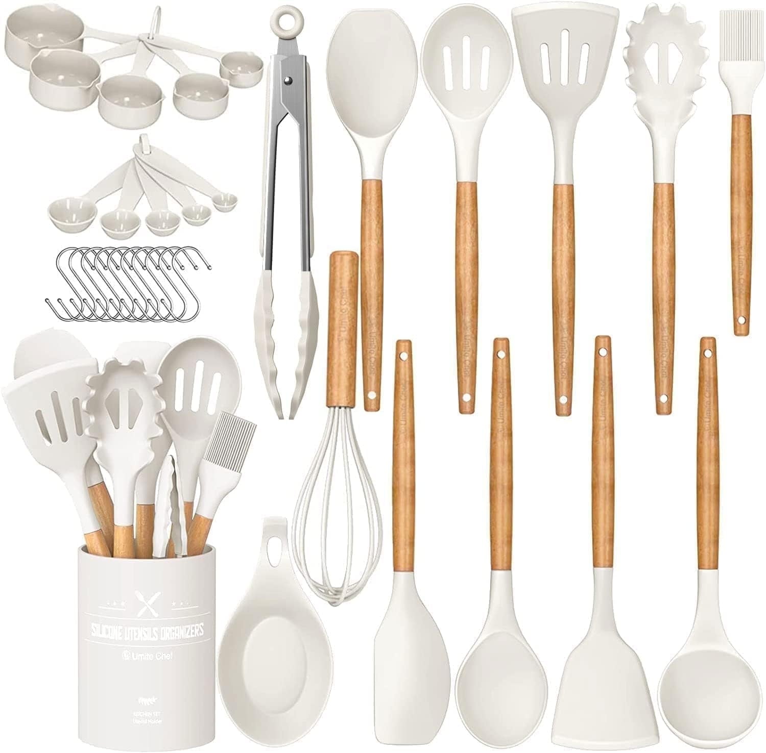 Seamless One-Piece Kitchen Cooking Utensils Set, 33 pcs Non-stick Silicone Cooking Kitchen Utensils Spatula Set with Holder, Wooden Hand... - Heat-Resistant Silicone Cooking Spatula Turner - Default Title