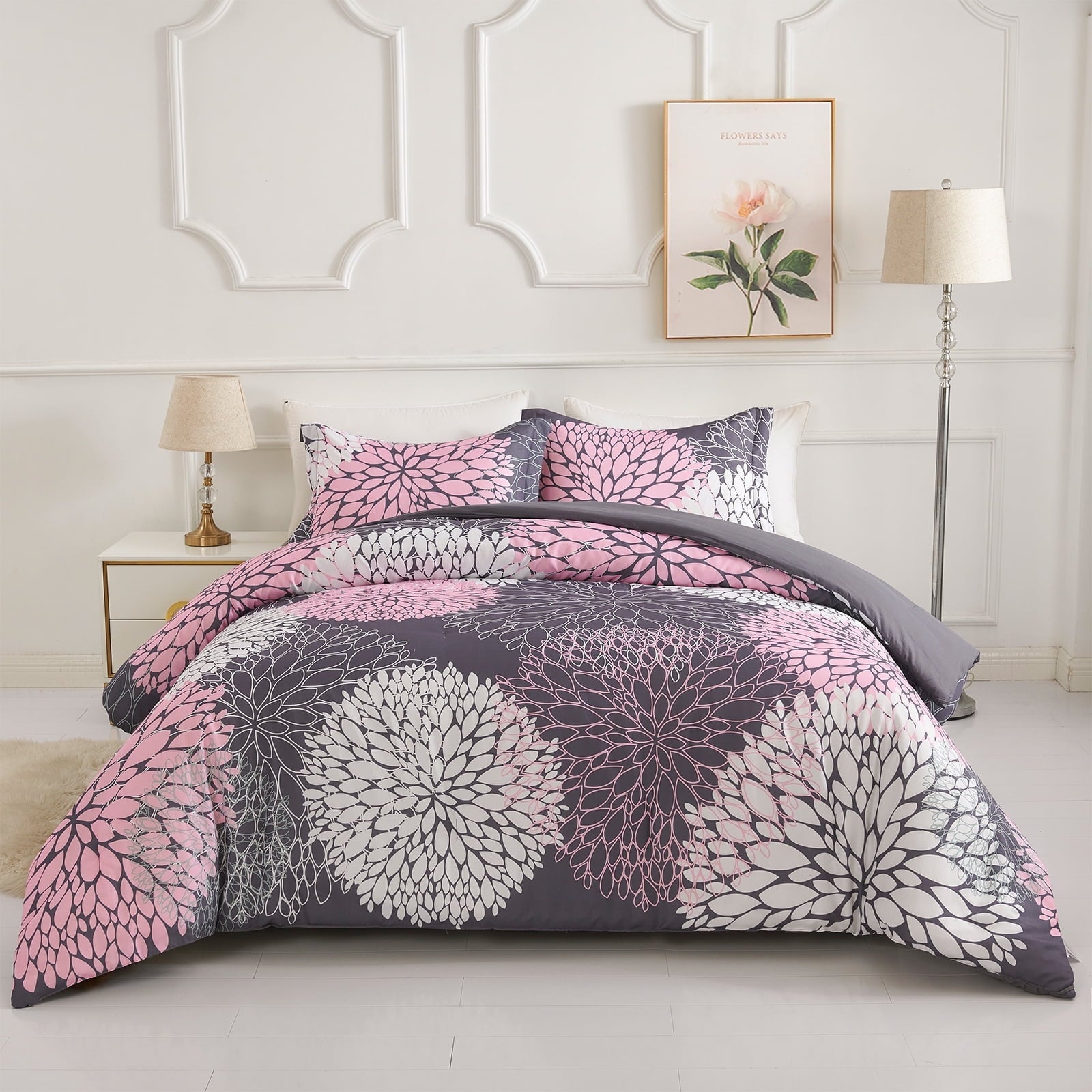 Hypoallergenic Cloud 2 Pieces Pink Floral Comforter Set Twin Size, Botanical Bedding Sets with Cute Flowers Printing for Teen Girls - Luxurious Quilted Duvet Cover Set - Default Title
